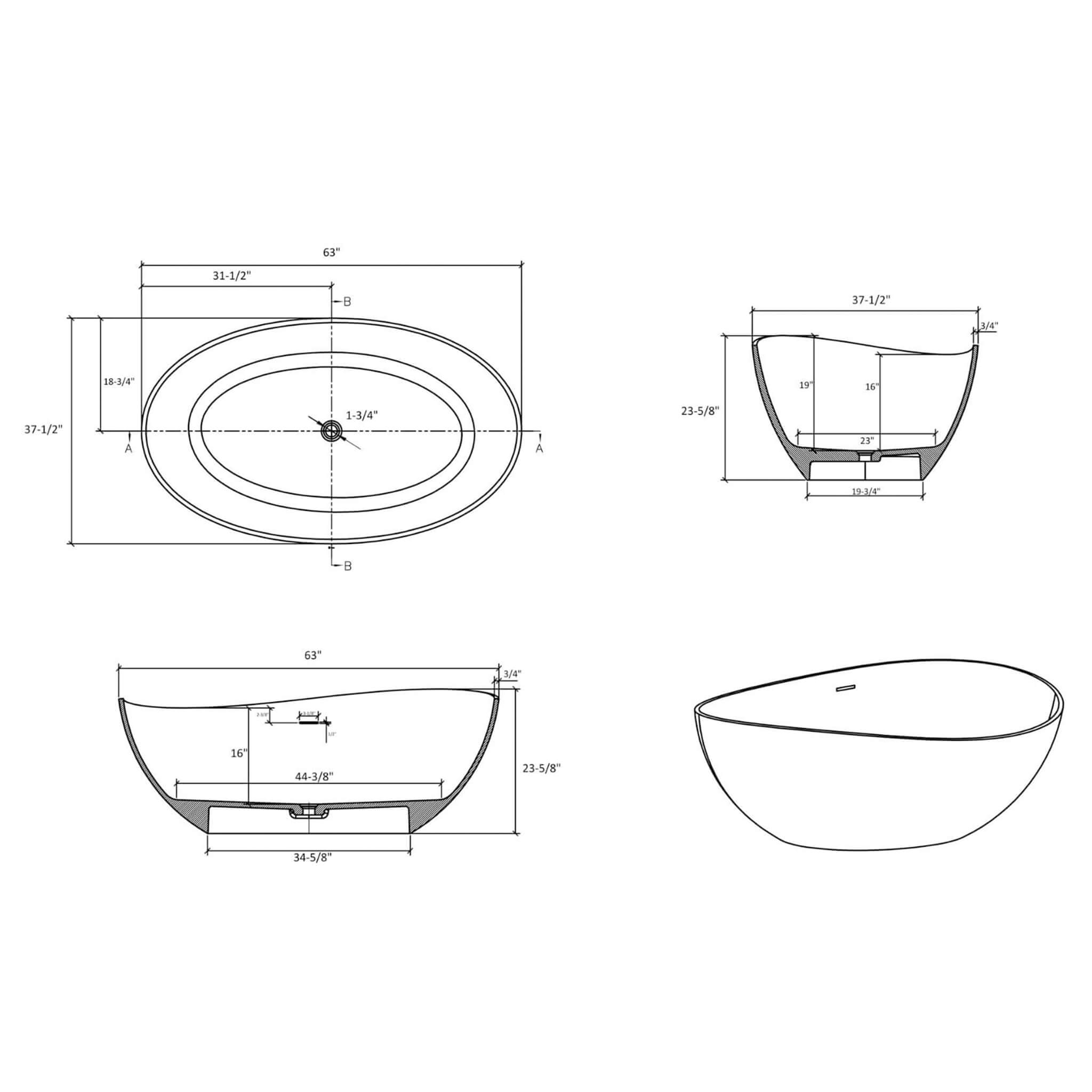Alora Luxury 63-Inch Matte White Freestanding Soaking Bathtub With Overflow And Pop-Up Drain (SAK56140)