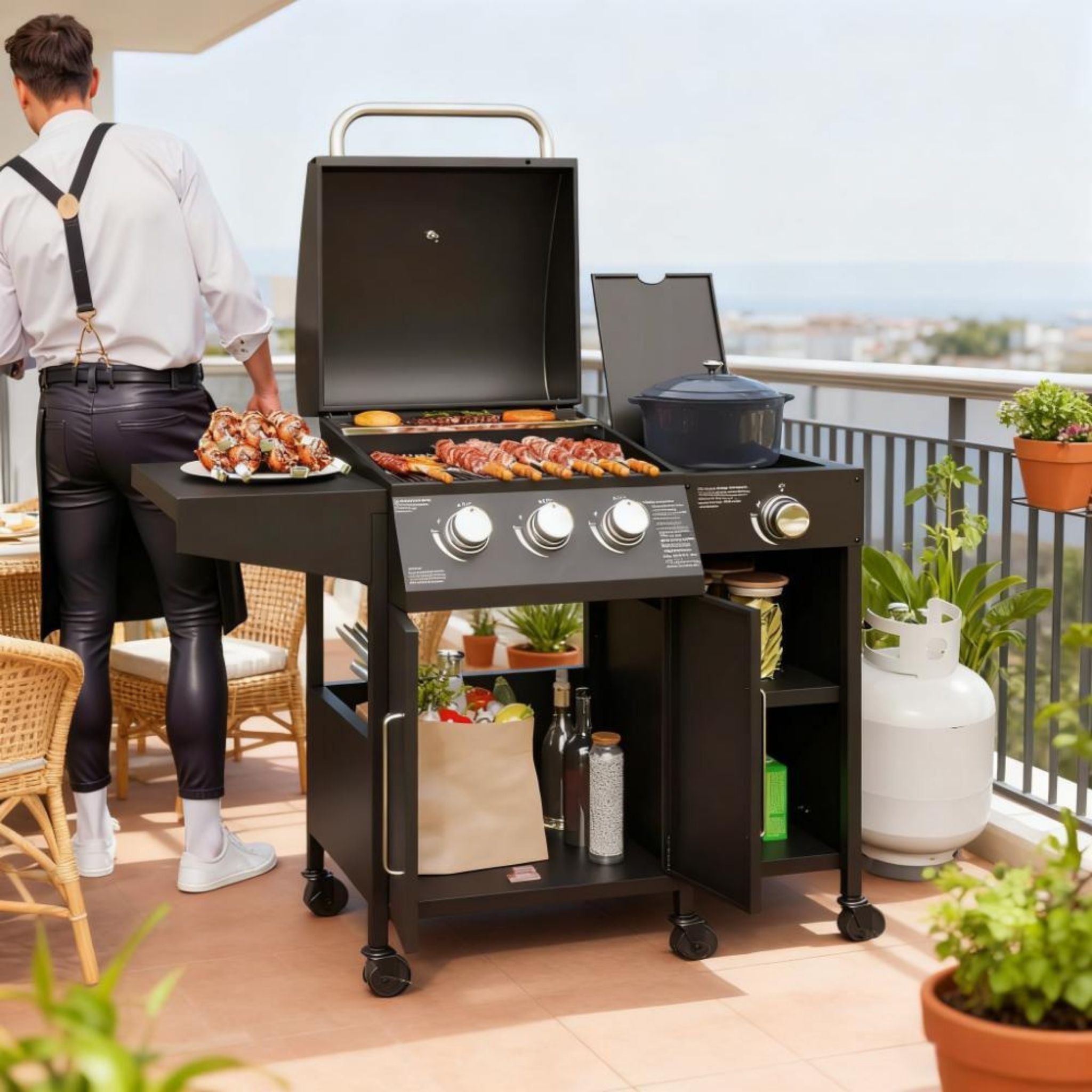 Castelle Flame 15K BTU Barbecue Propane Gas Grill With Side Burner (SAK53481)