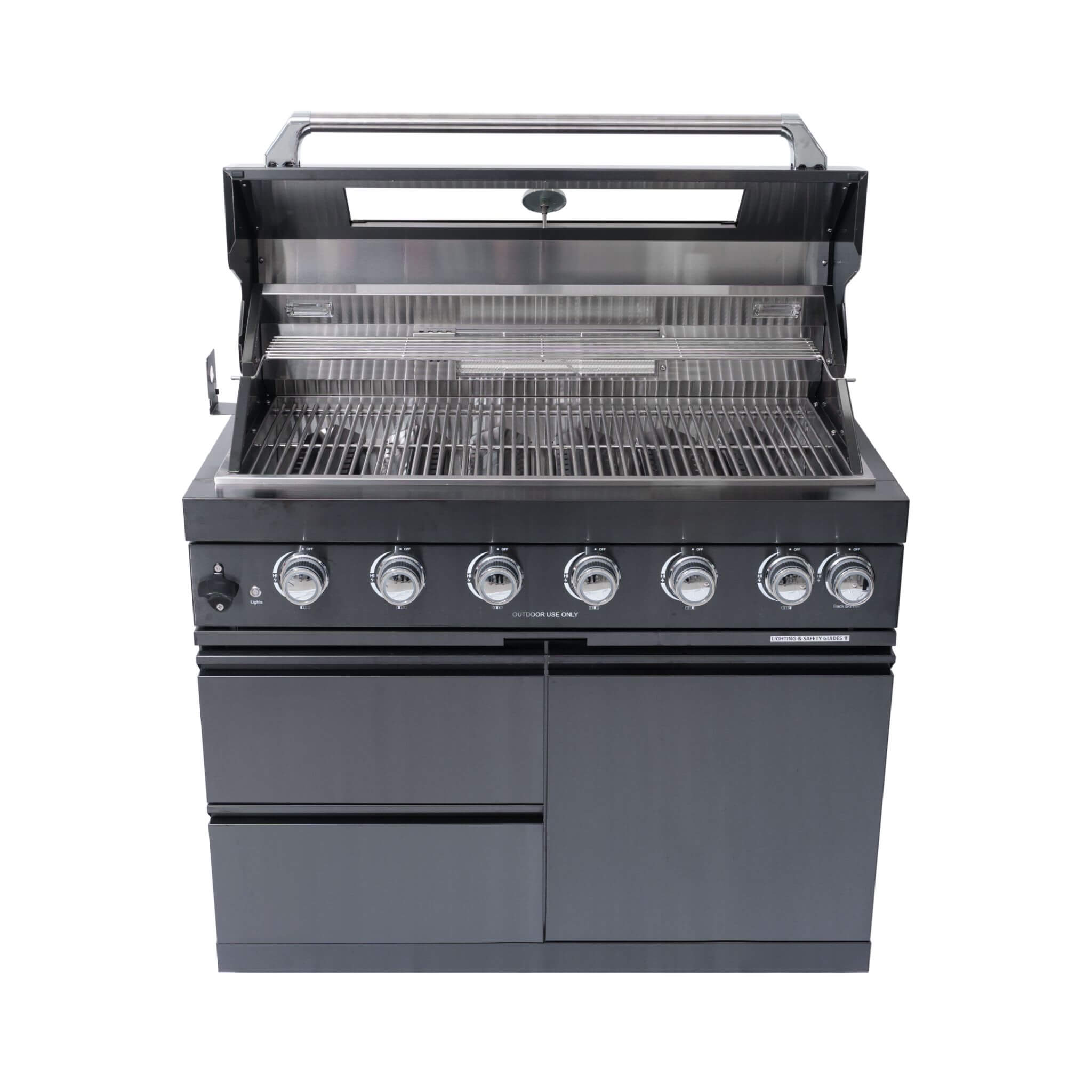 Castelle Flame Premium Black Stainless Steel 6-Burner Gas Grill Kitchen Island With Rotisserie Kit (SAK82641)