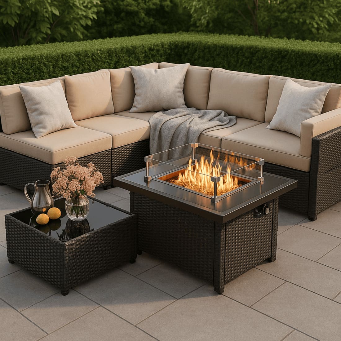 Pamapic Outdoor Sectional Couch Set with Fire Pit Table