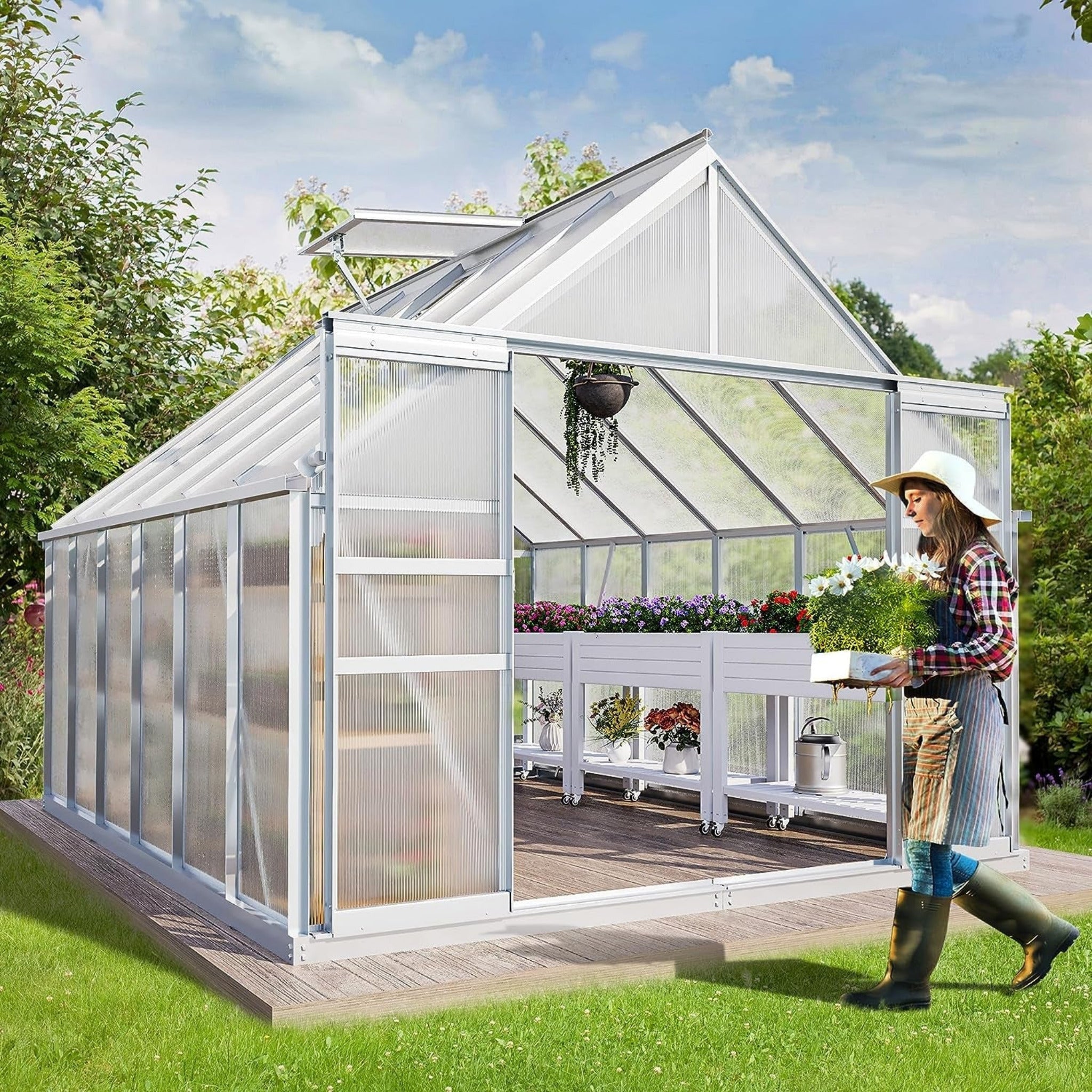 [10X12FT] Extra Large Heavy-Duty Polycarbonate Aluminum Greenhouse With Sliding Doors And Vents (SAK74183)