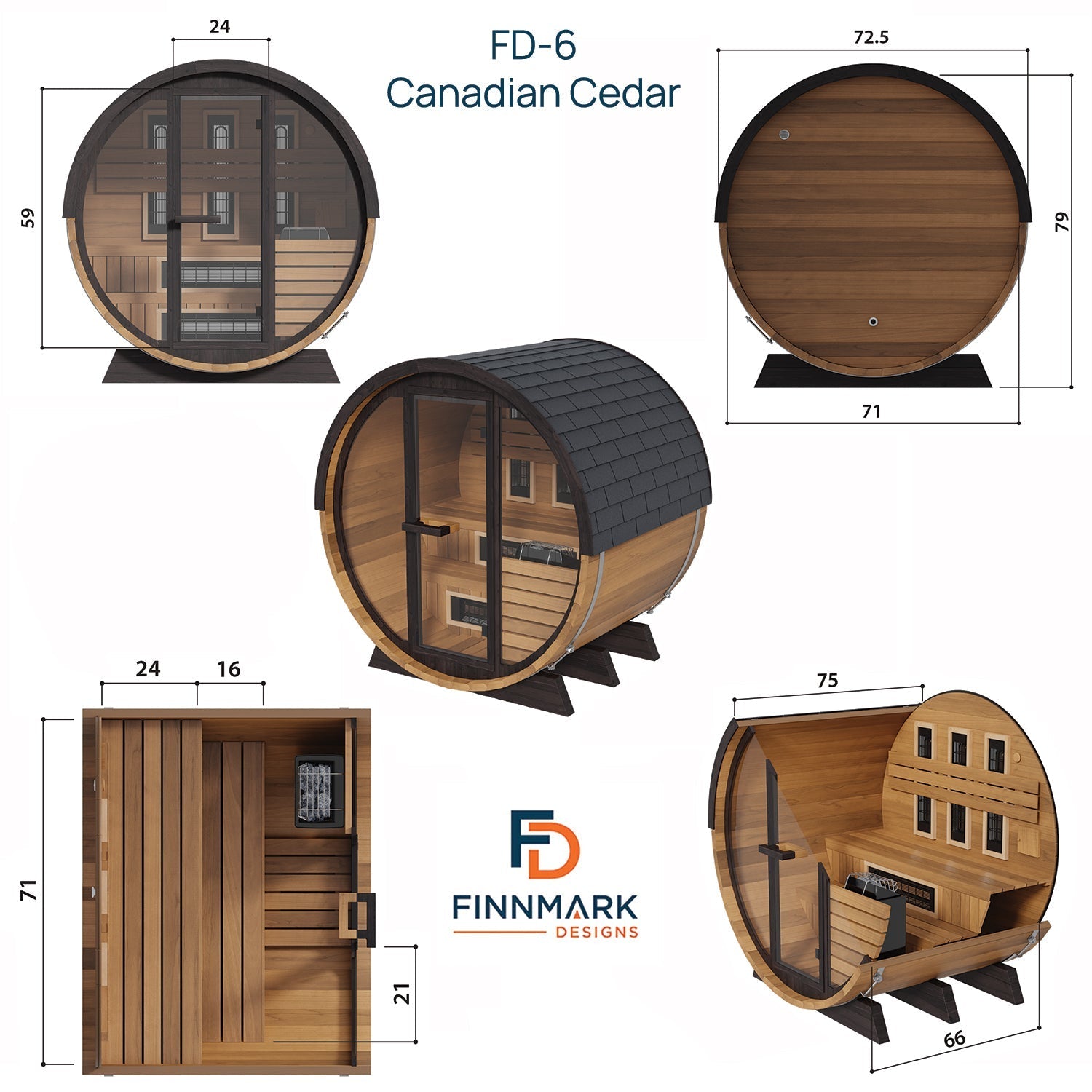 Wooden barrel sauna with dimensions and Finnmark Designs logo
