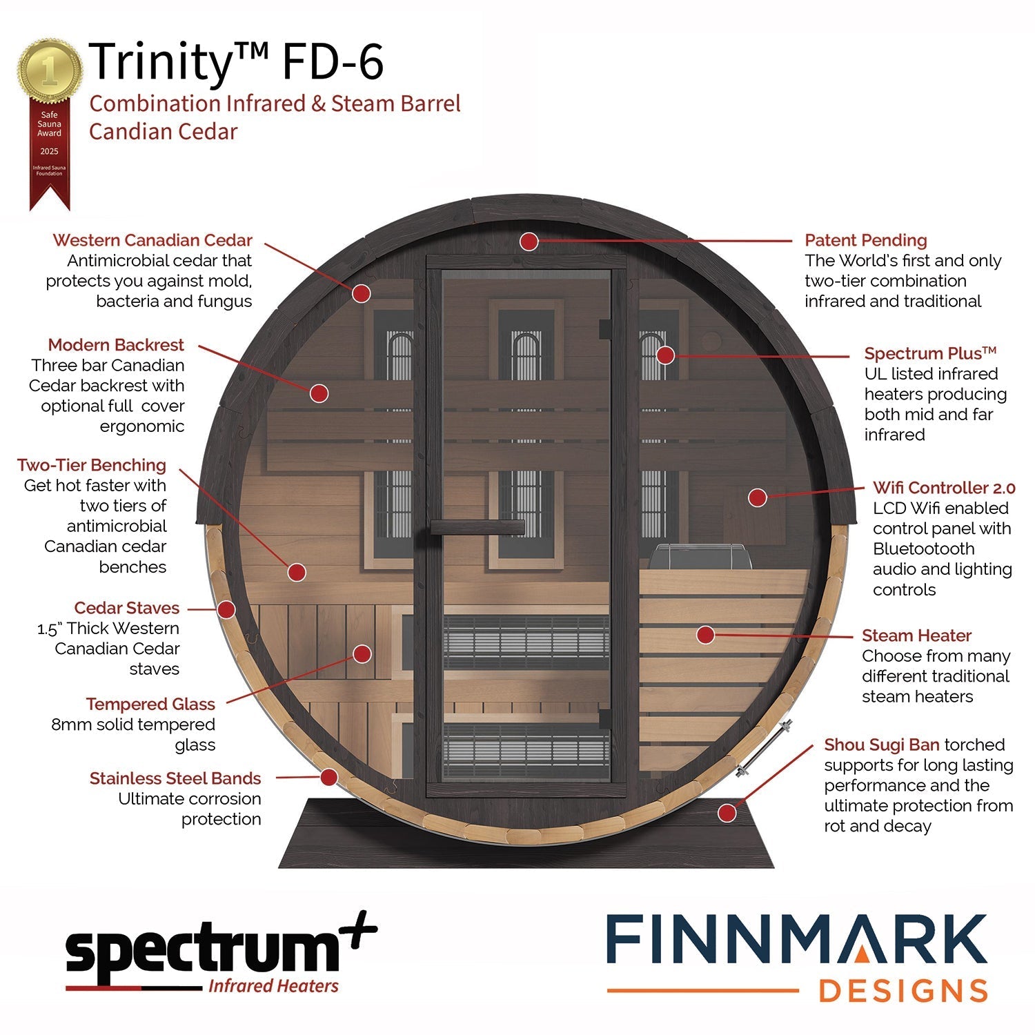 Finnmark FD-6 | 4-Person Cedar Combination Barrel Sauna | Traditional Steam + Spectrum Plus™ Full Spectrum Infrared | Clear-Grade Canadian Cedar | Wi-Fi Controls | Bluetooth Audio | RGB Lighting | 185°F+