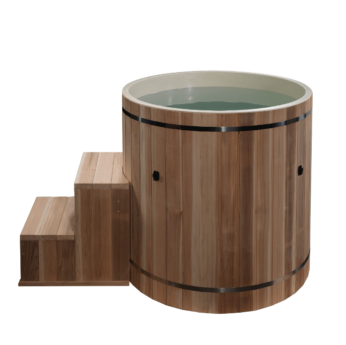 Dynamic Cold Therapy PVC barrel cold plunge tub Pacific Cedar exterior insulated PVC interior 42 by 39.5 inch outdoor setup
