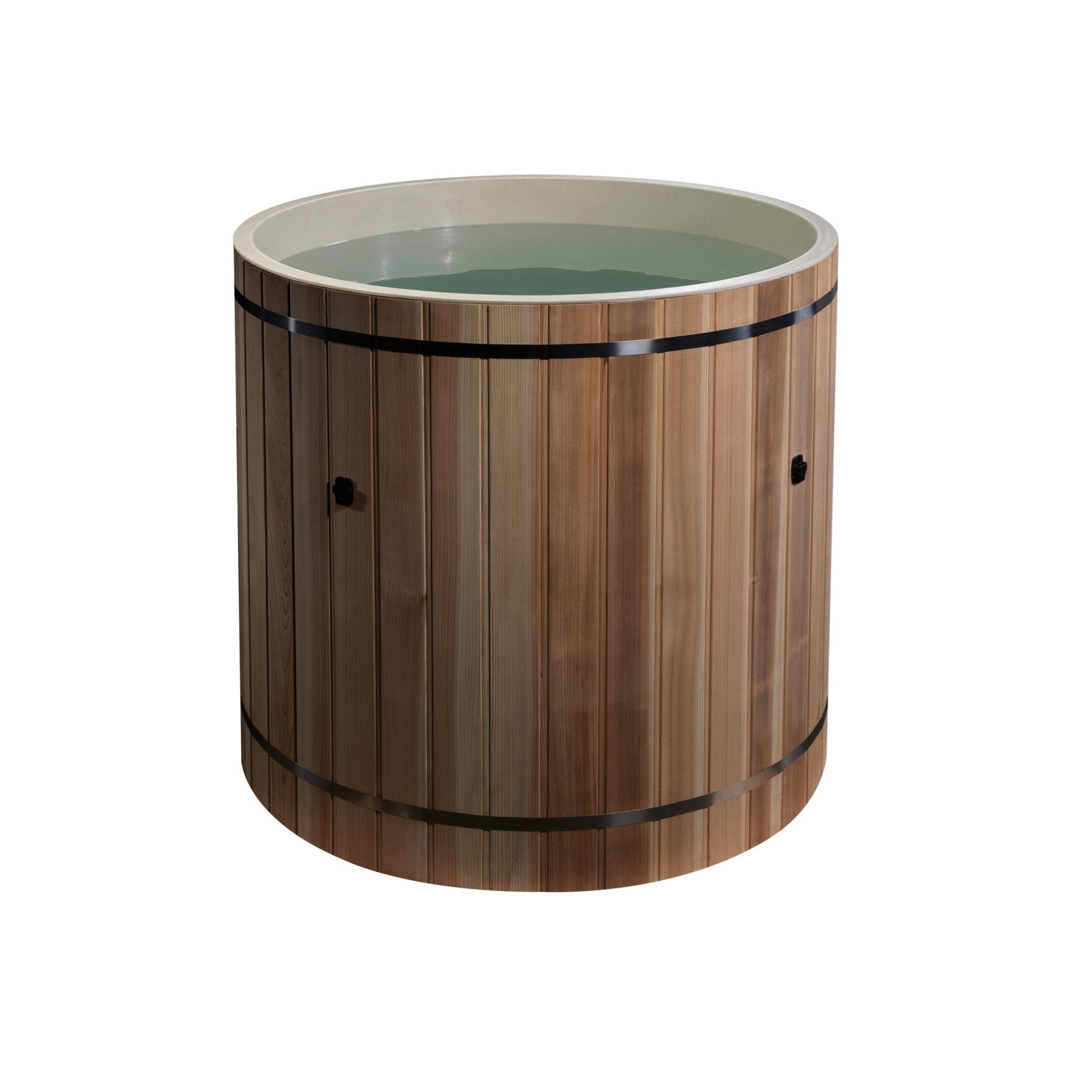Dynamic PVC barrel cold plunge premium Pacific Cedar exterior barrel construction with natural wood finish