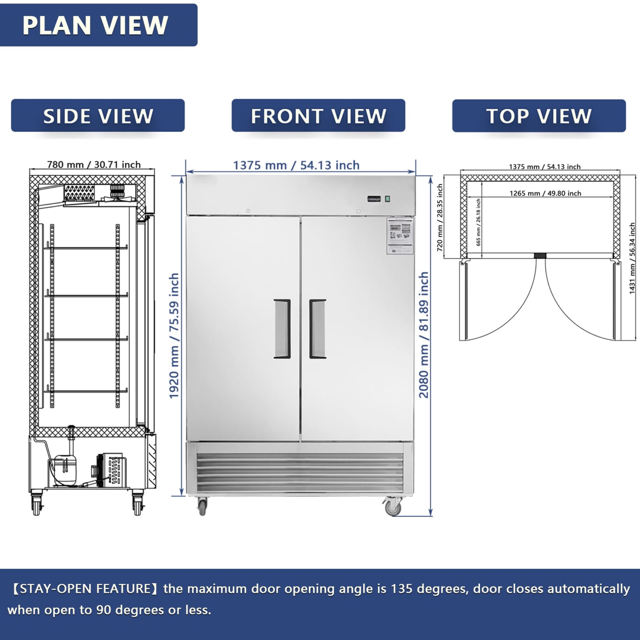 Heavy-Duty 54-Inch Stainless Steel 2-Door Reach-In Upright Commercial Freezer (SAK66598)