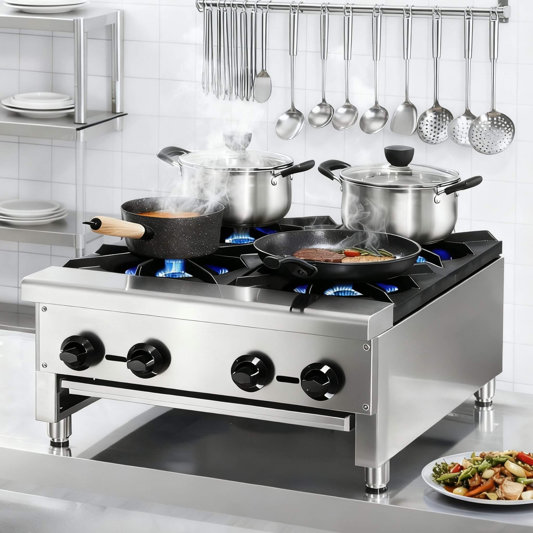 Heavy-Duty Commercial 112K BTU 4-Burner Stainless Steel Gas Stove Hot Plate (SAK39201)