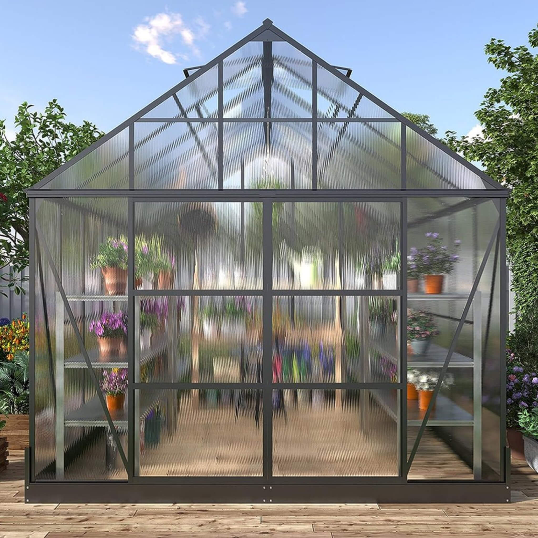 [10X12FT] Heavy-Duty Outdoor Walk-In Polycarbonate Patio Greenhouse With Sliding Doors & Vents (SAK92846)