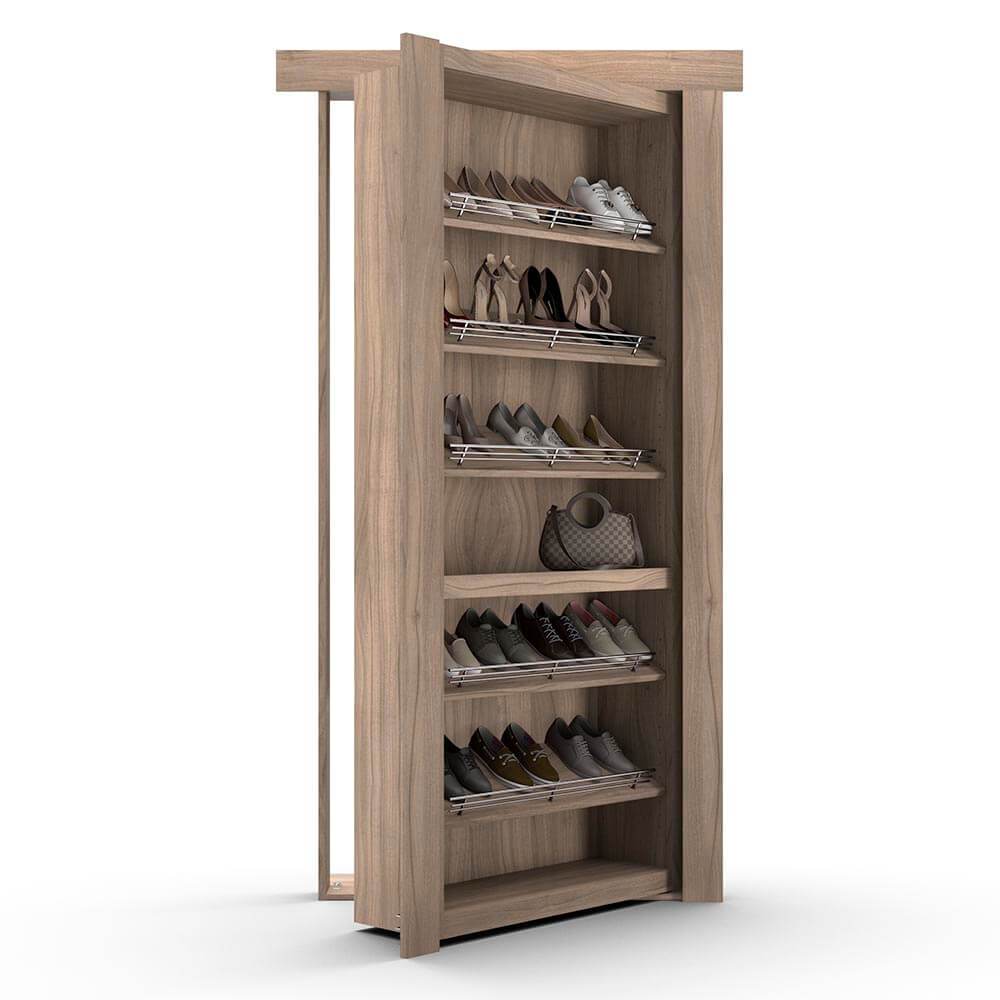 Hidden Flush Mount Walnut Shoe Rack Door