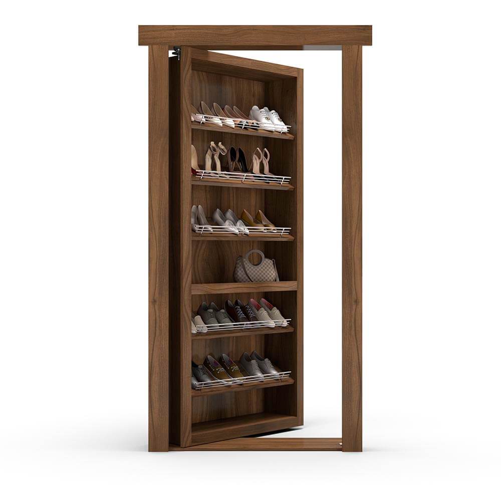 Hidden Flush Mount Walnut Shoe Rack Door