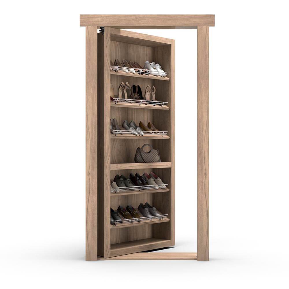 Hidden Flush Mount Walnut Shoe Rack Door