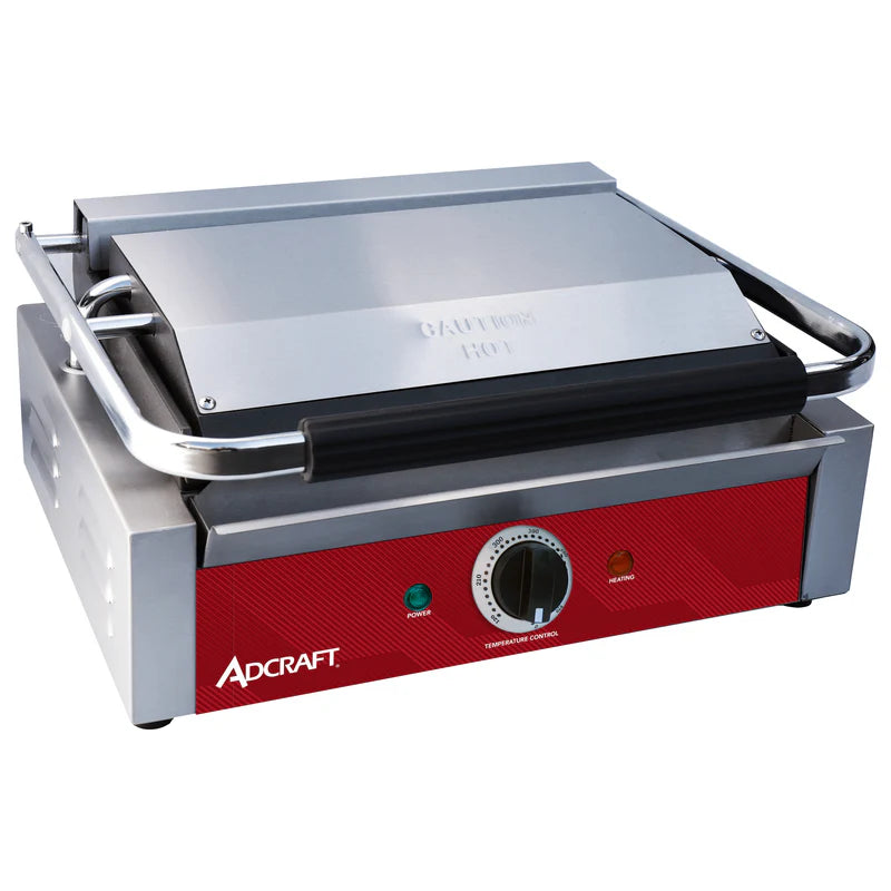 Adcraft Panini Grill, Grooved 13.4" x 9.2" Cooking Surface, in Stainless Steel