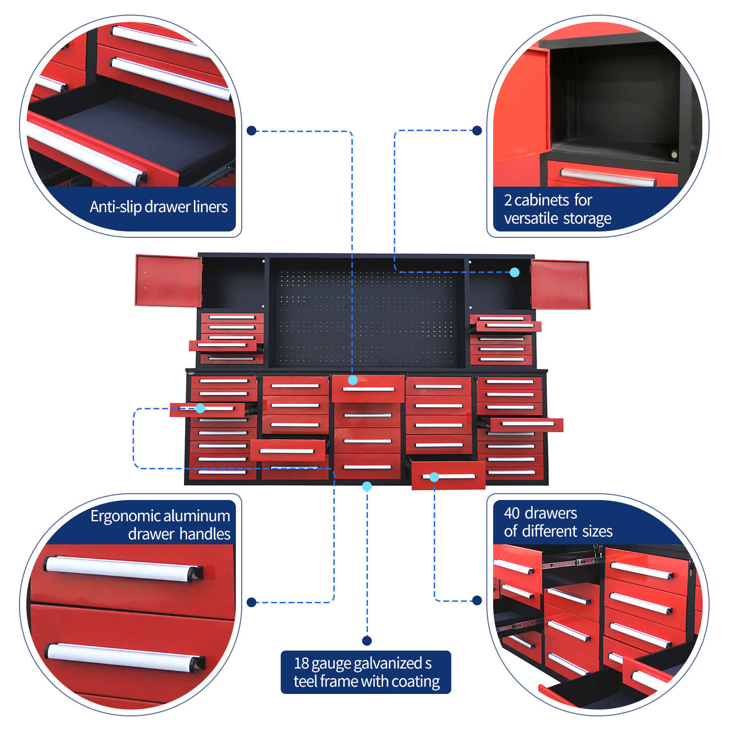 10ft Workbench Cabinet(40 Drawers, 2 Cabinets & 1 Pegboard)