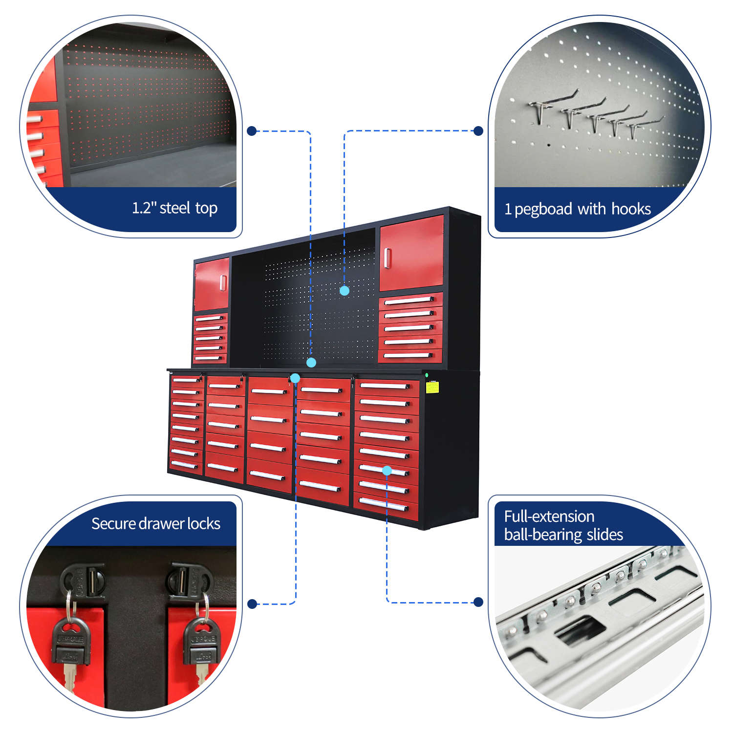 10ft Workbench Cabinet(40 Drawers, 2 Cabinets & 1 Pegboard)
