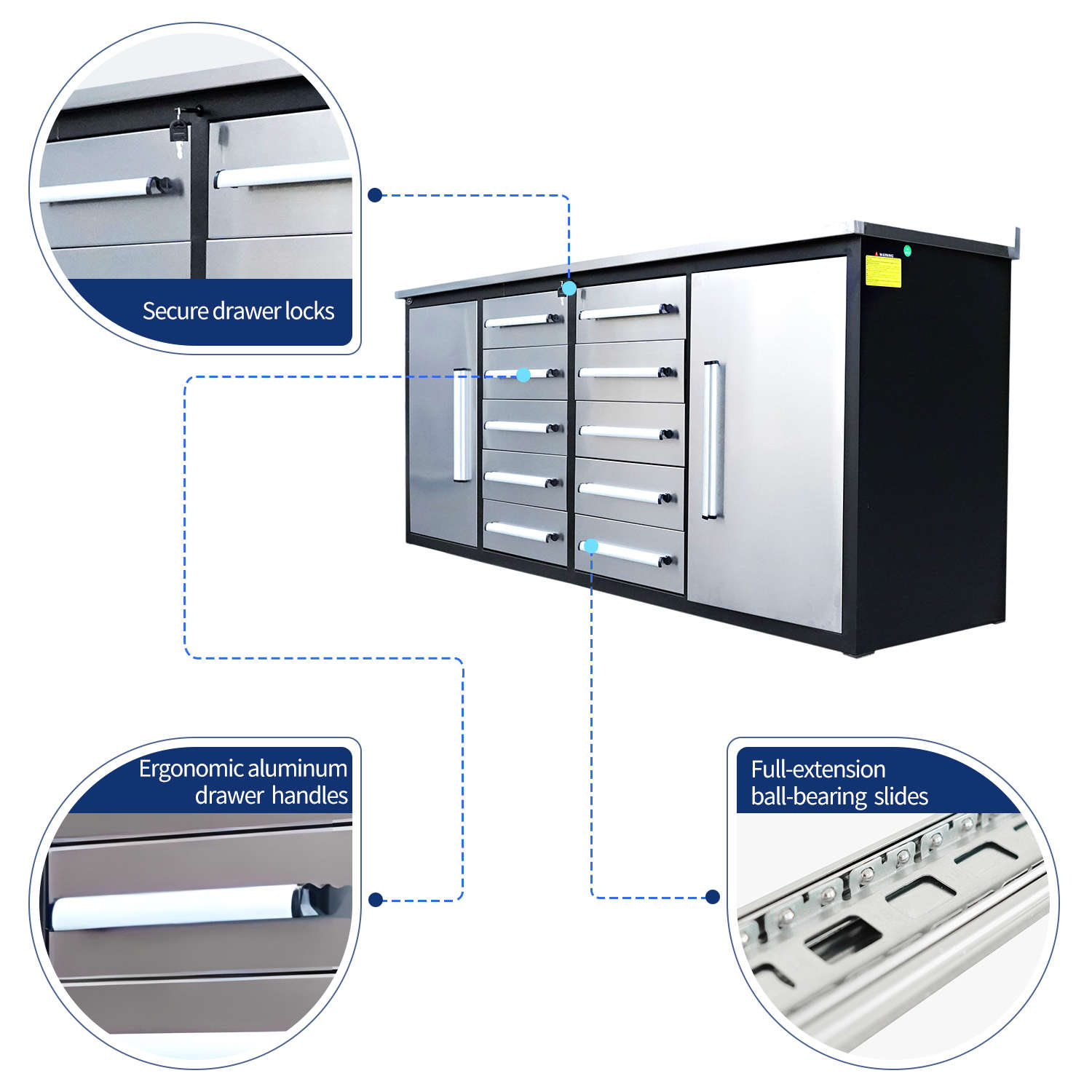 7ft Heavy Duty Workbench with 10 Drawers & 2 Cabinets