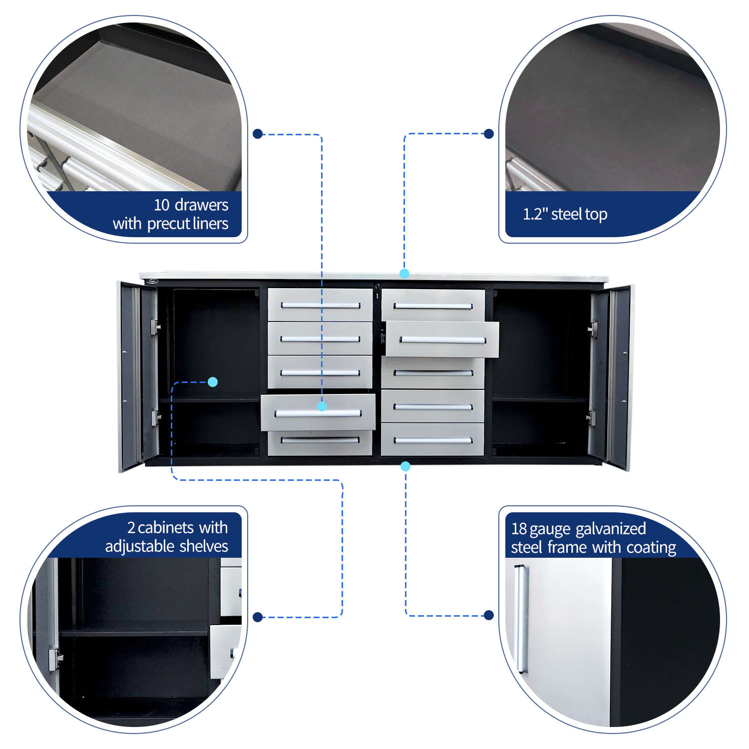 7ft Heavy Duty Workbench with 10 Drawers & 2 Cabinets