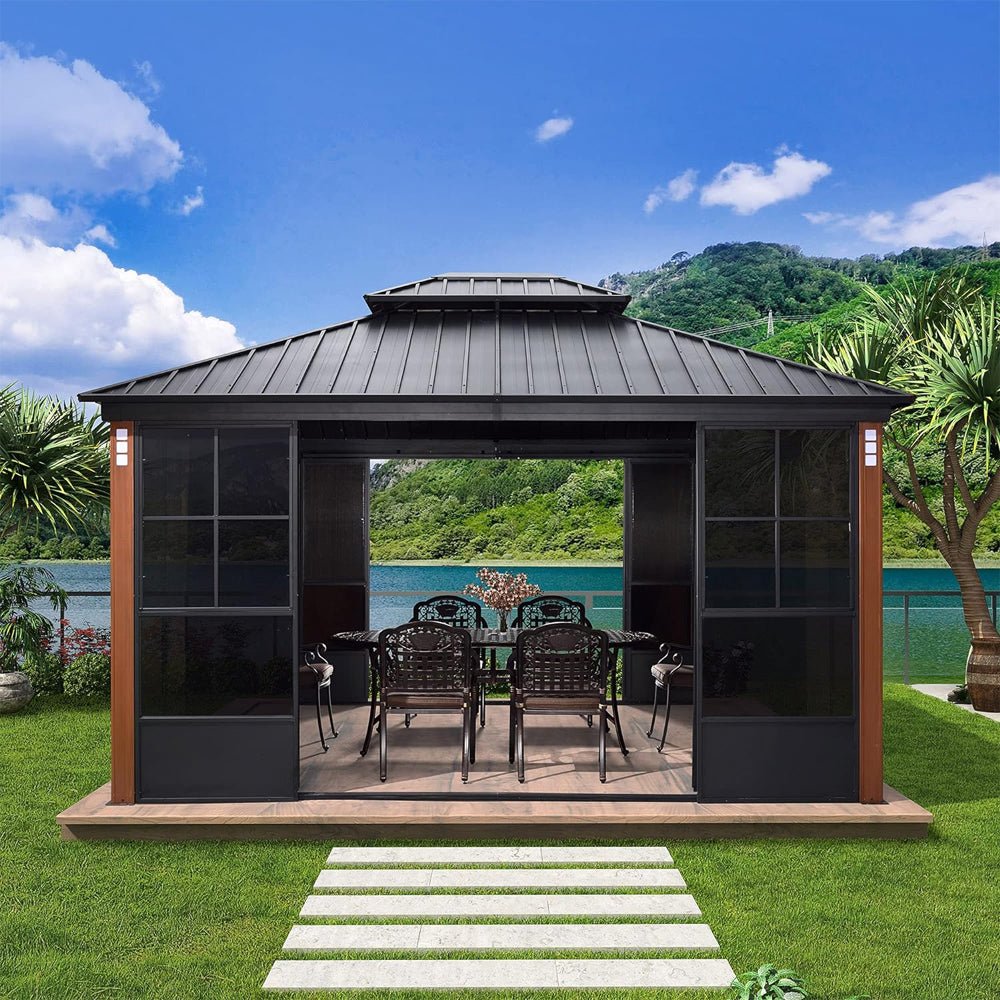 [12X14FT] Large Heavy-Duty Outdoor Aluminum Patio Hard Double Steel Top Backyard Sun Room Gazebo (94625371)