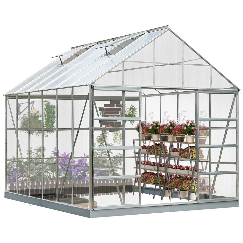 [10X12FT] Large Heavy-Duty Outdoor Walk-In Polycarbonate Aluminum Frame Greenhouse With Adjustable Vents & Sliding Doors (SAK93648)