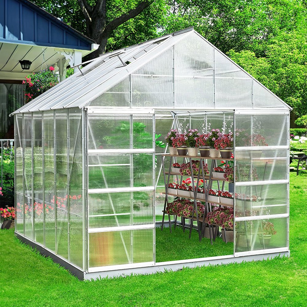 [10X12FT] Large Heavy-Duty Outdoor Walk-In Polycarbonate Aluminum Frame Greenhouse With Adjustable Vents & Sliding Doors (SAK93648)