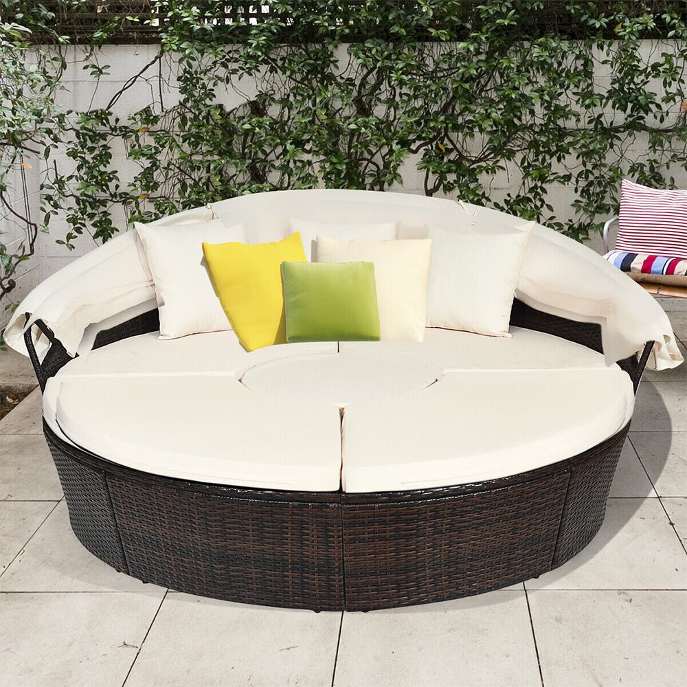 Alora Large Outdoor Patio Rattan Daybed Sofa W/ Adjustable Table Top, Canopy & 3 Pillows, 76" (SAK91254)