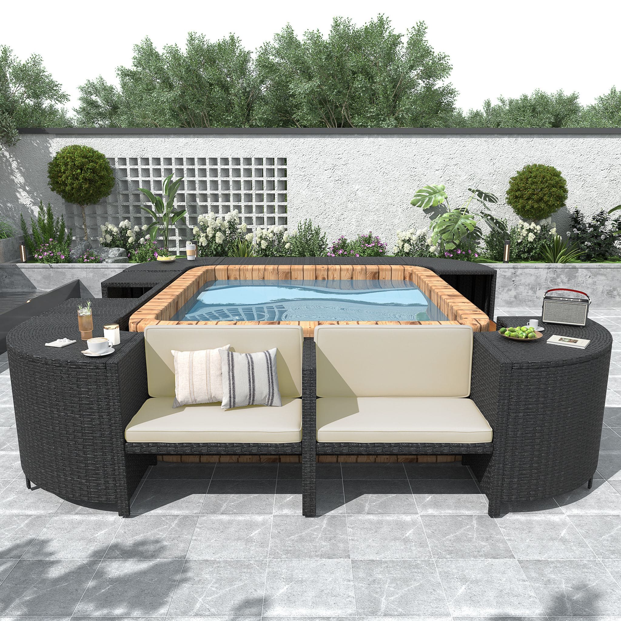 Alora Large Outdoor Quadrilateral Spa Surround Rattan Sectional Sofa Set With Storage Compartments (SAK80217)