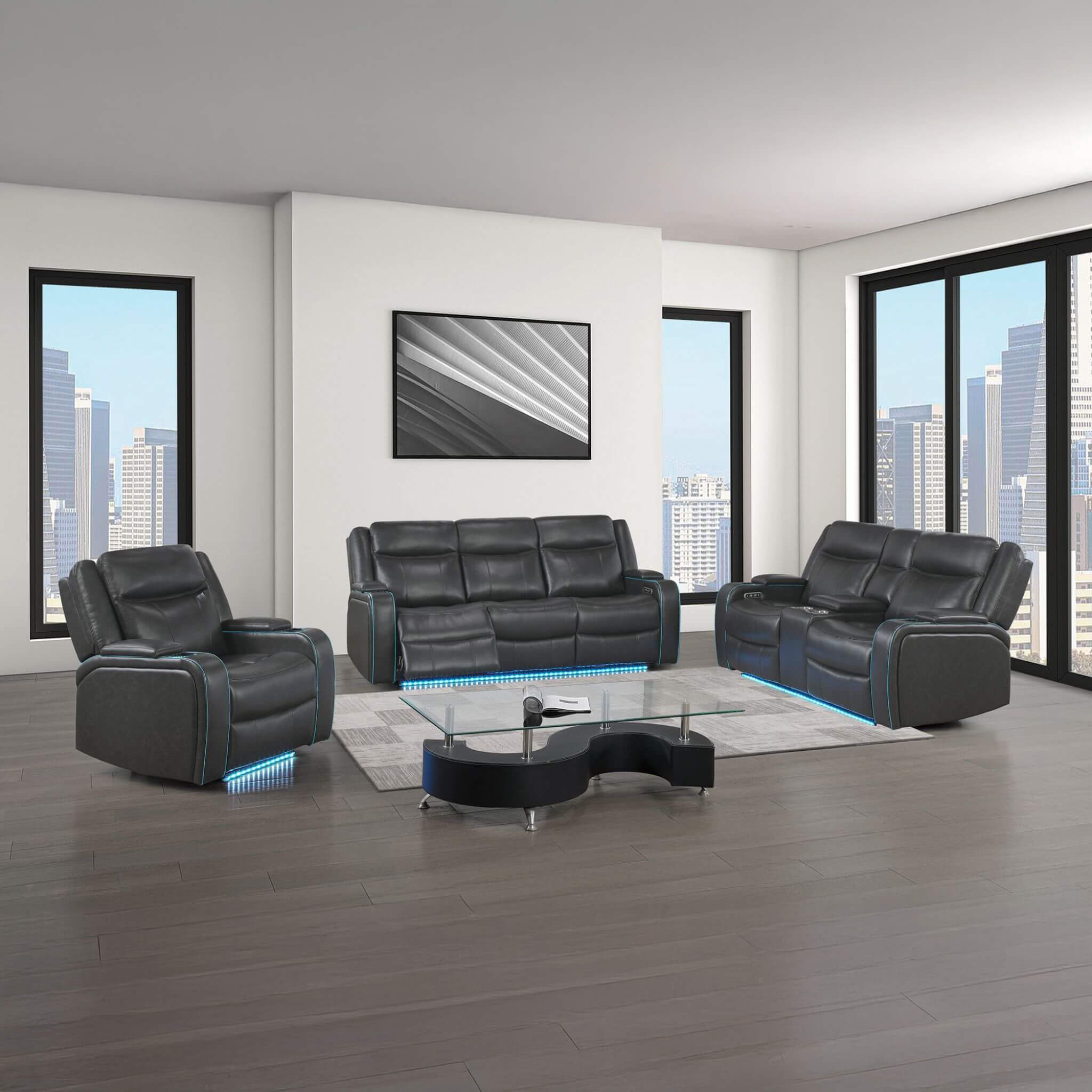 Nuvia Luxury 84-Inch Home Theater Power Reclining Sofa With LED Lights And Power Headrest (SAK83195)