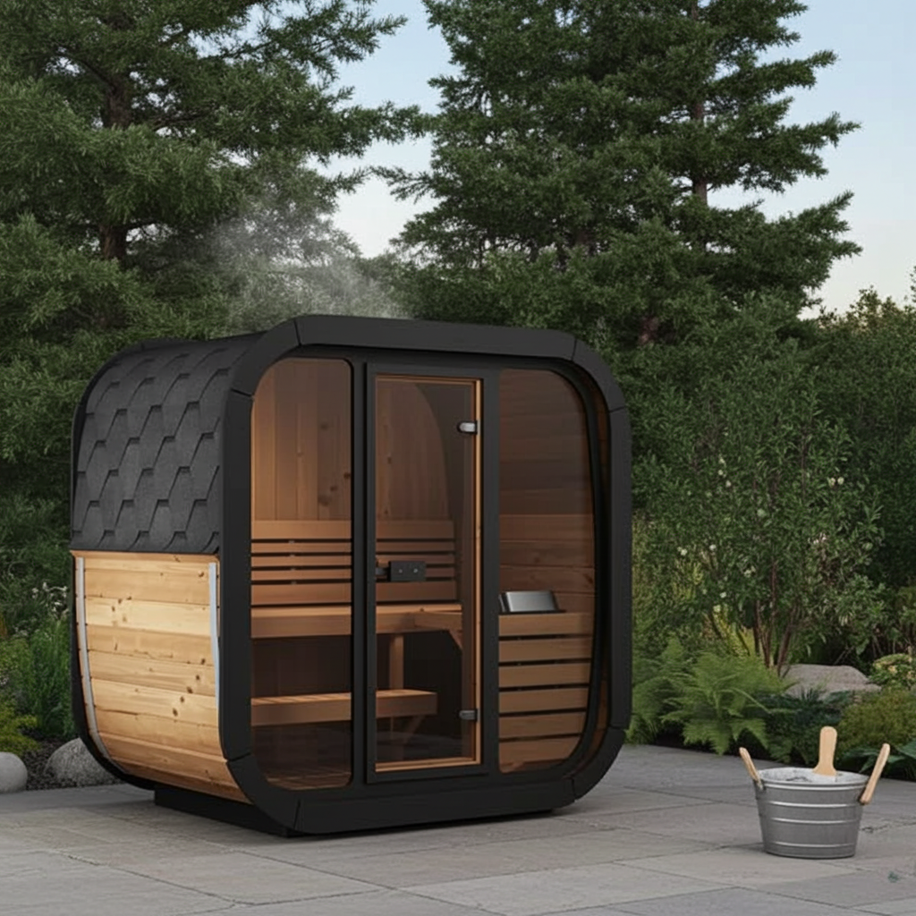 SaunaLife Cube-Series Model CL5G | 4-Person Outdoor Cube Sauna Kit | Full Glass Front | 6'2" Headroom | Thermo-Spruce | Wi-Fi LED Light Bar Included | Contoured Thermo-Aspen Benches | Handcrafted Northern Europe