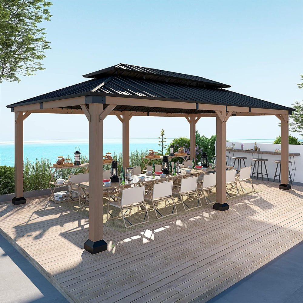 [12X20FT] Alora Heavy-Duty Backyard Cedar Wood Steel Hardtop Double Roof Gazebo Canopy (95726813)