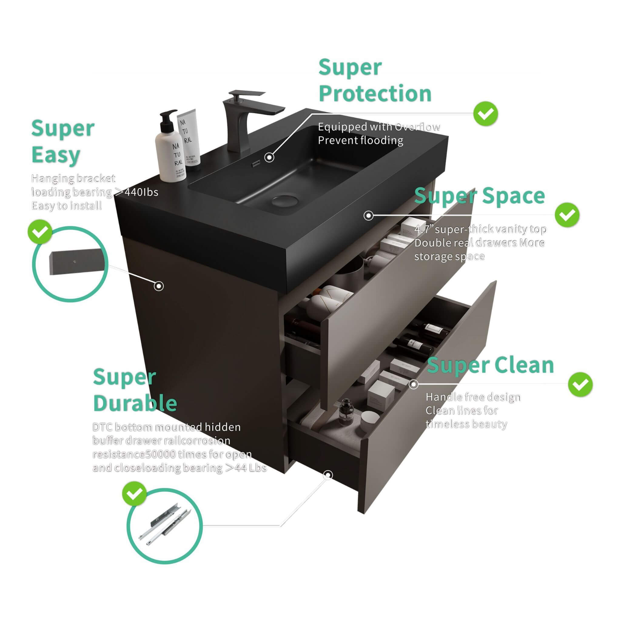 Nuvia 30-Inch Wall-Mounted Bathroom Vanity With Black Sink And Drawers (SAK76251)