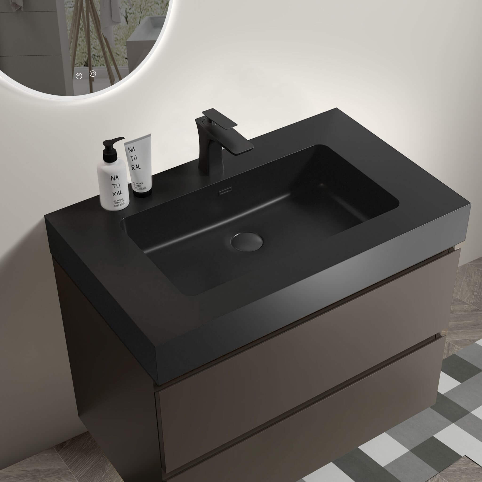 Nuvia 30-Inch Wall-Mounted Bathroom Vanity With Black Sink And Drawers (SAK76251)