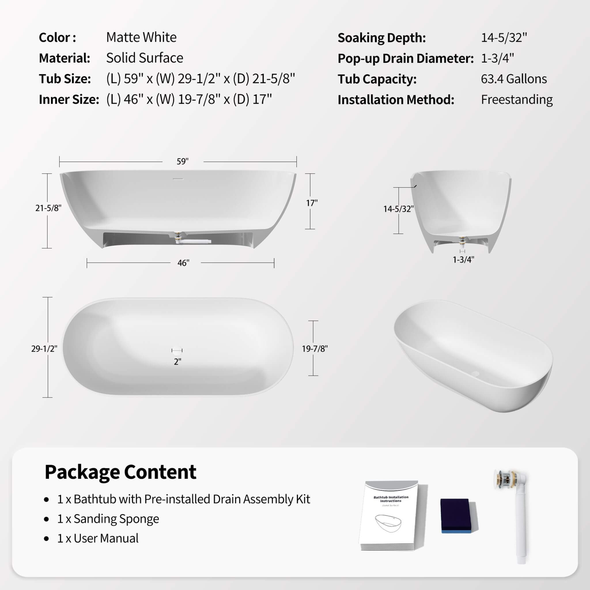Nuvia 59-Inch Luxury Solid Surface Matte White Freestanding Soaking Tub (SAK95320)