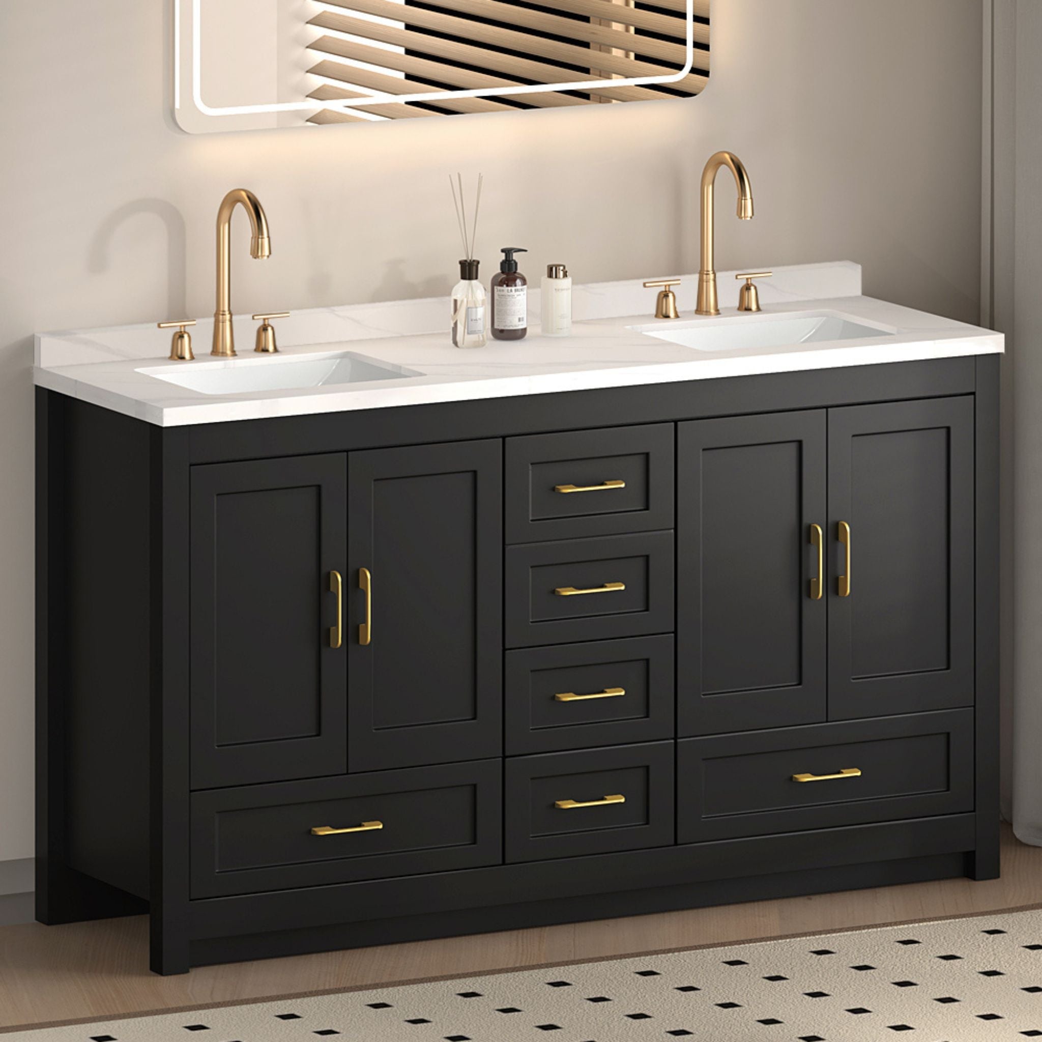 Nuvia 60-Inch Black Bathroom Vanity With Soft Close Doors And Drawers Storage (SAK86210)