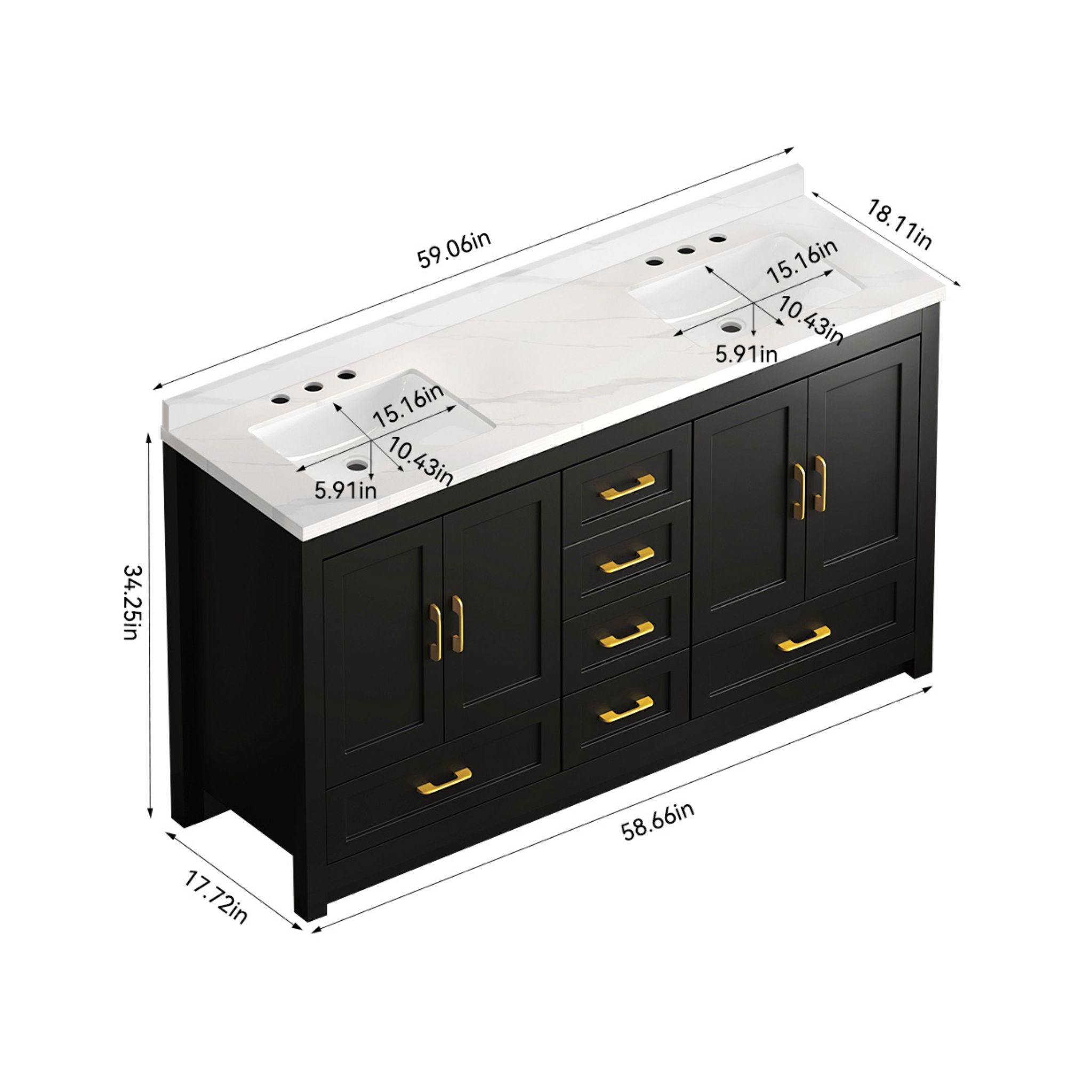 Nuvia 60-Inch Black Bathroom Vanity With Soft Close Doors And Drawers Storage (SAK86210)