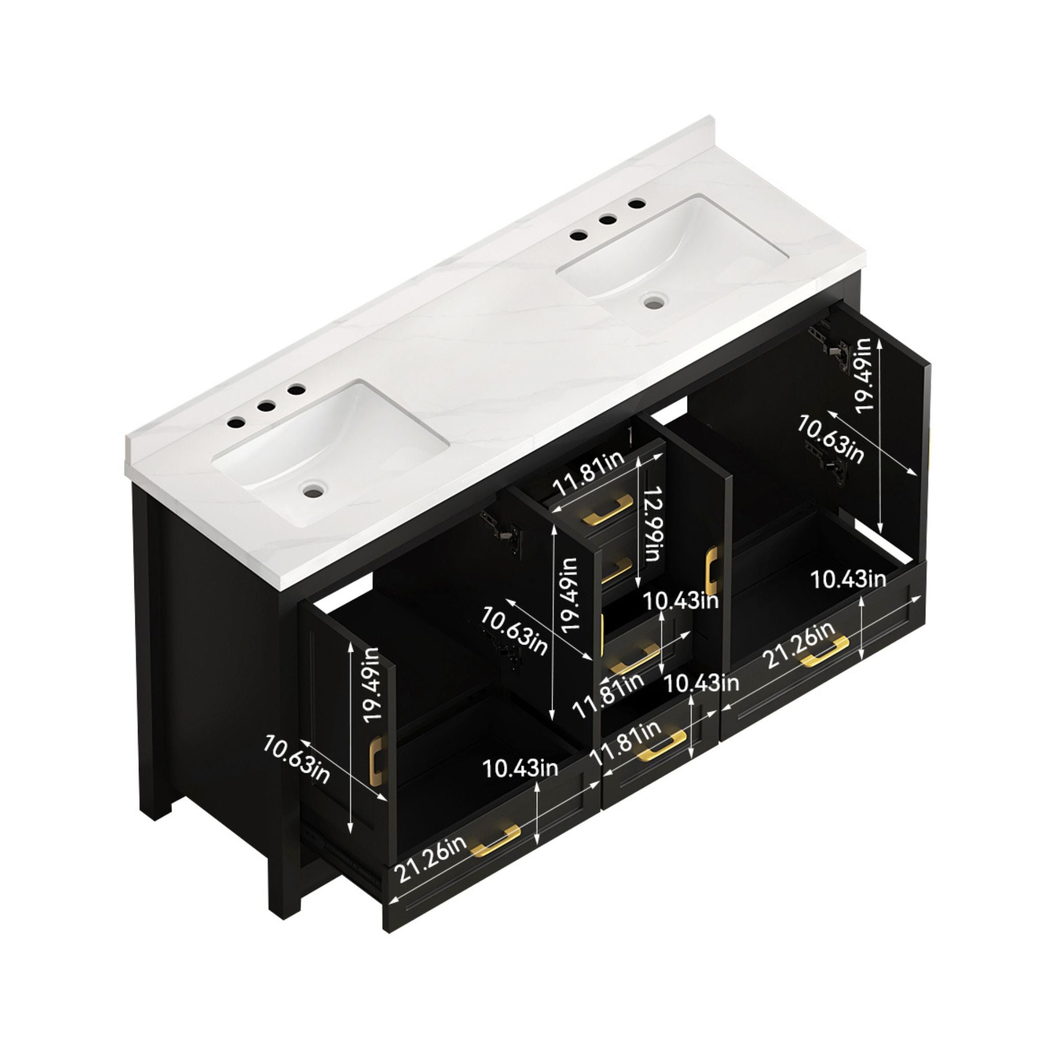 Nuvia 60-Inch Black Bathroom Vanity With Soft Close Doors And Drawers Storage (SAK86210)