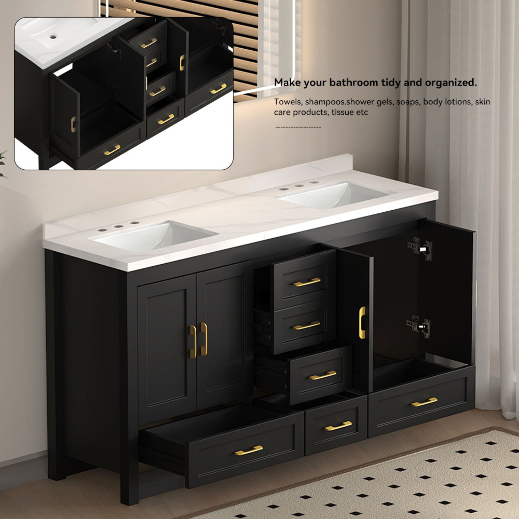 Nuvia 60-Inch Black Bathroom Vanity With Soft Close Doors And Drawers Storage (SAK86210)