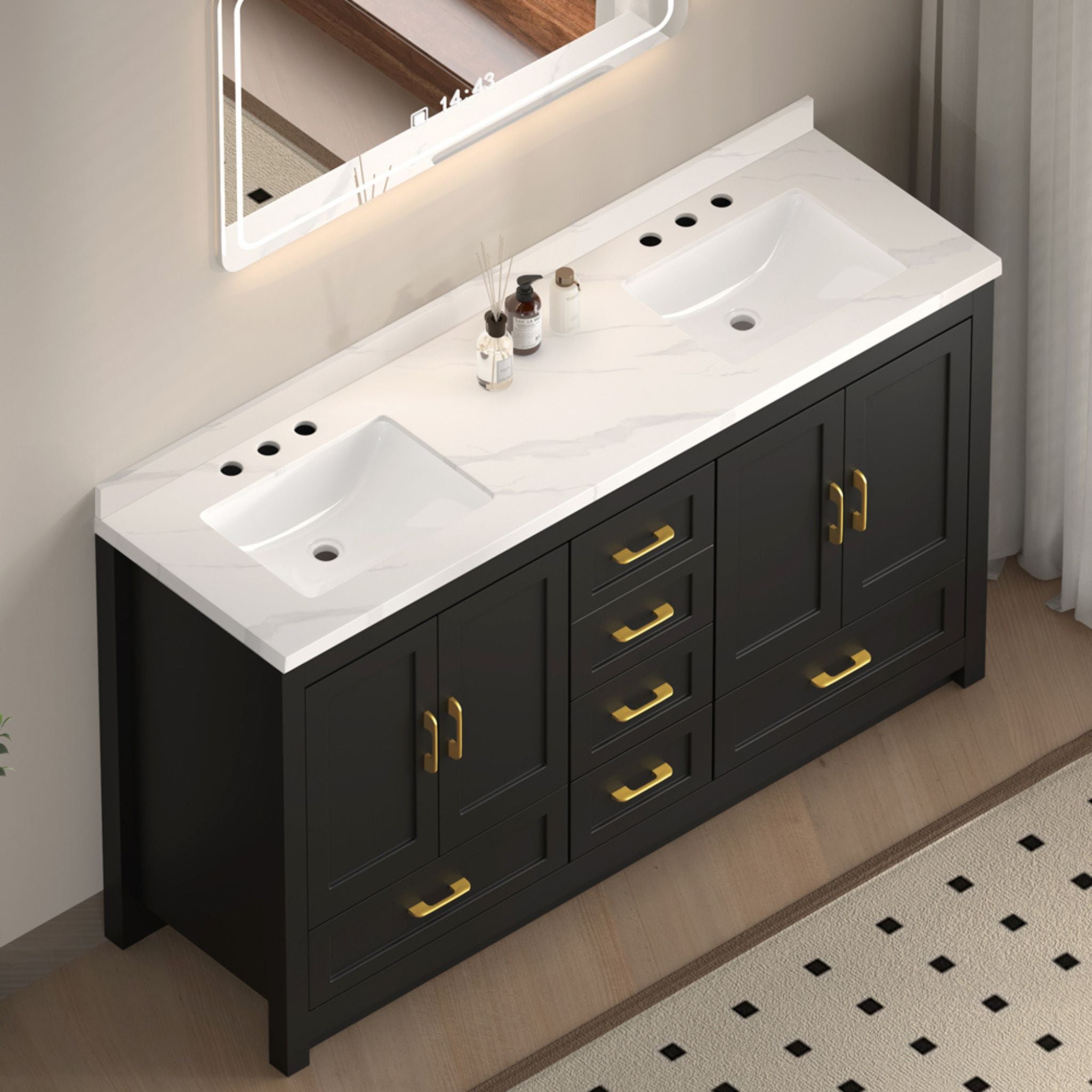 Nuvia 60-Inch Black Bathroom Vanity With Soft Close Doors And Drawers Storage (SAK86210)