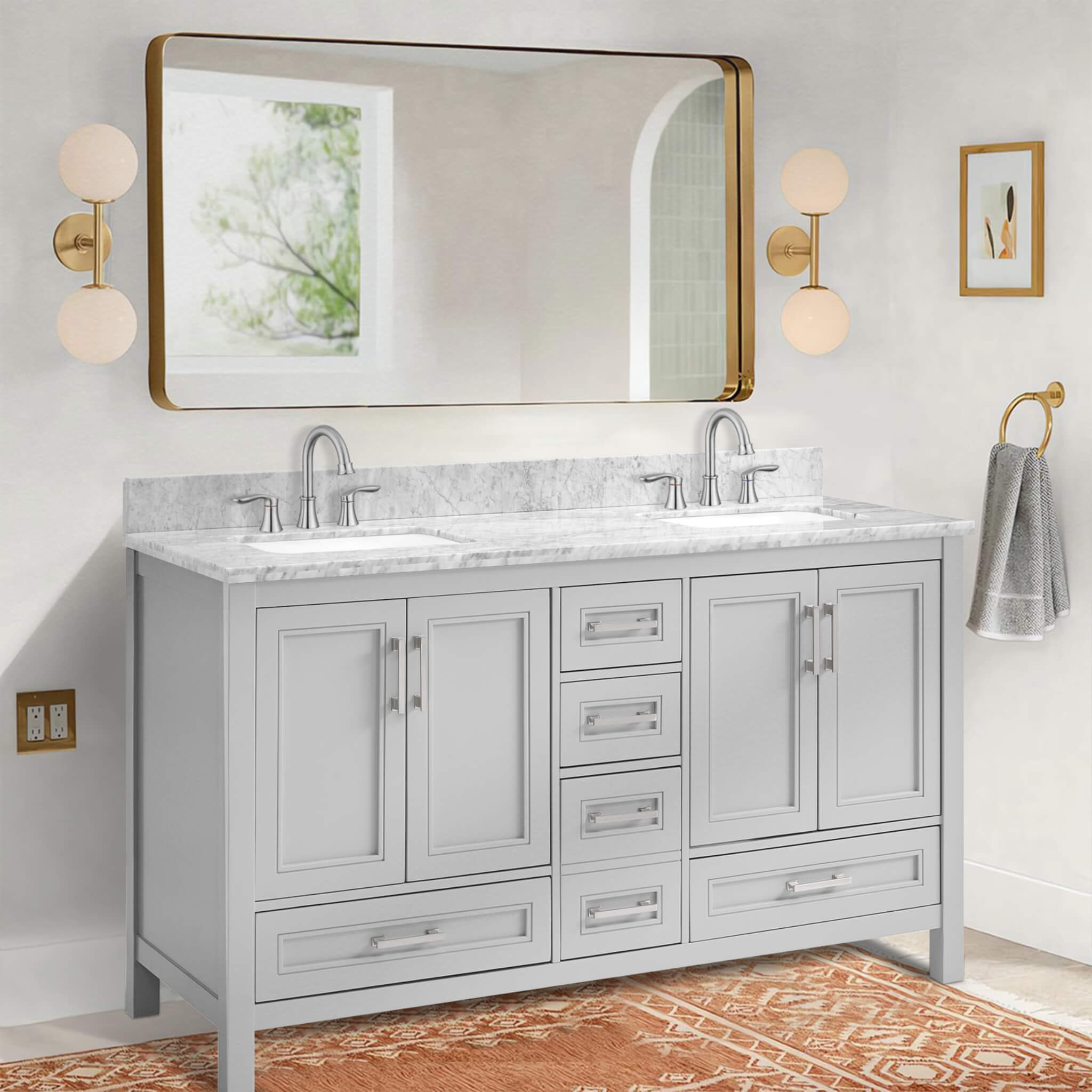 Nuvia Premium 60-Inch Freestanding Double Sink Bathroom Vanity With Carrara Marble Top (SAK51829)