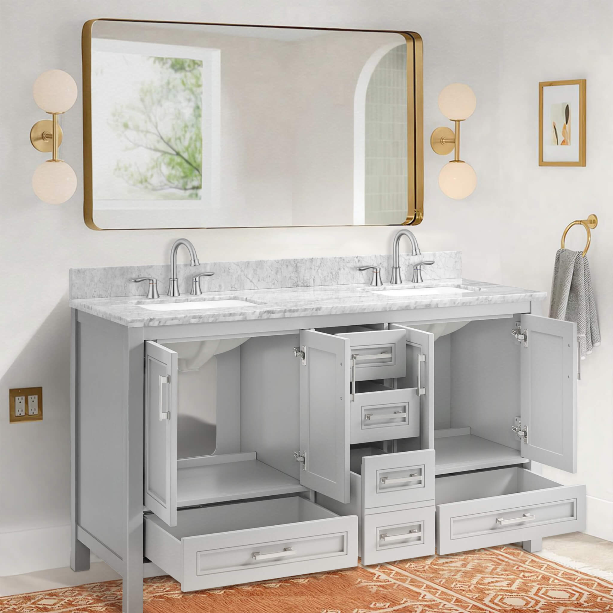 Nuvia Premium 60-Inch Freestanding Double Sink Bathroom Vanity With Carrara Marble Top (SAK51829)