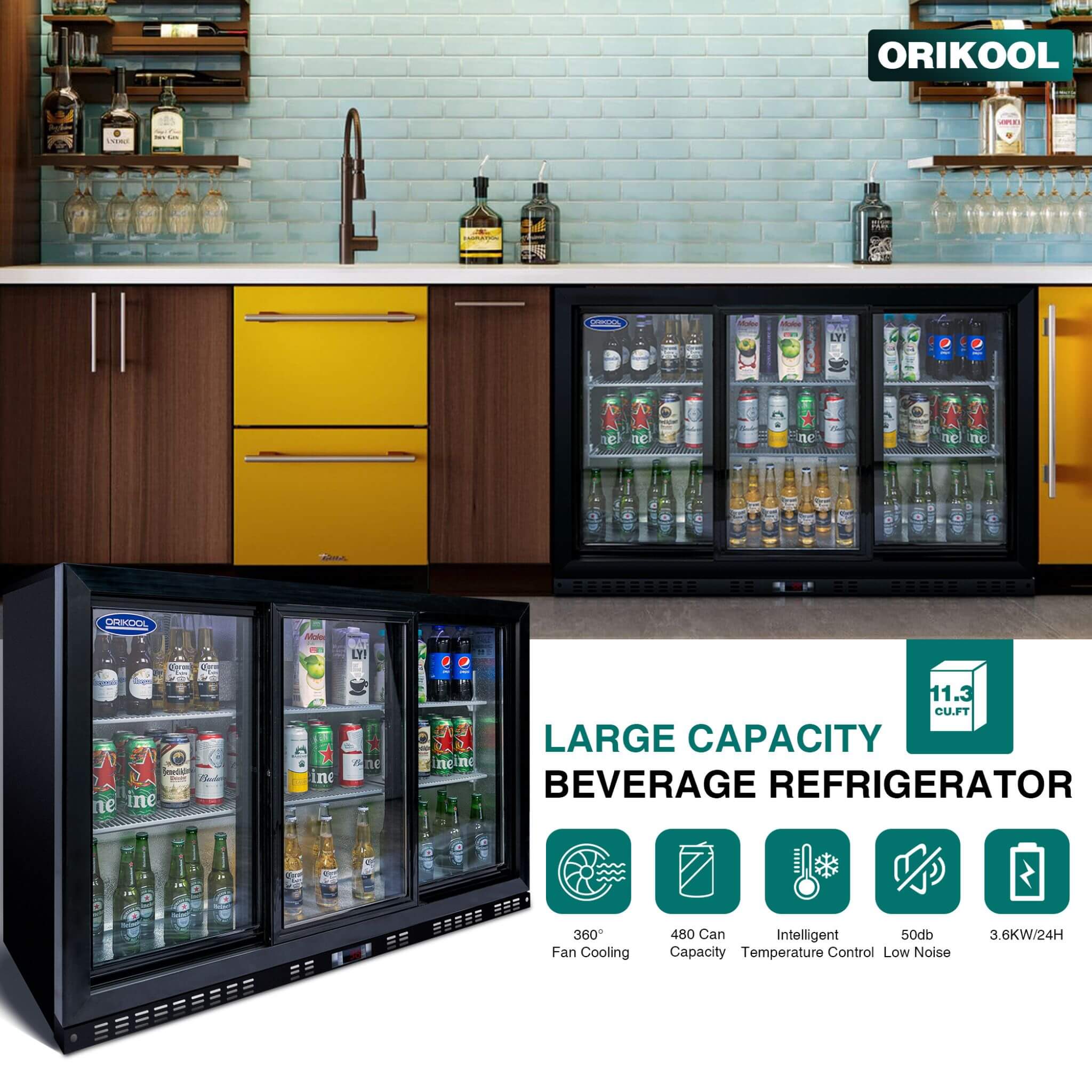 Orikool 53-Inch Energy Efficient Commercial Back Bar Drink Cooler With LED Lighting And 3 Glass Doors (SAK12097)