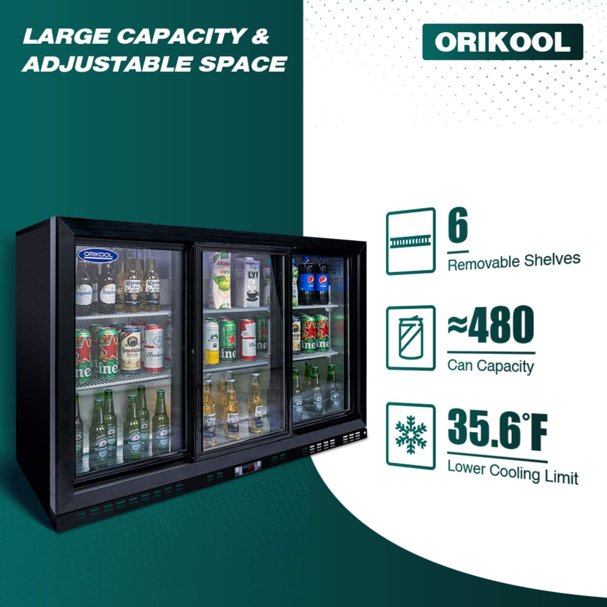 Orikool 53-Inch Energy Efficient Commercial Back Bar Drink Cooler With LED Lighting And 3 Glass Doors (SAK12097)