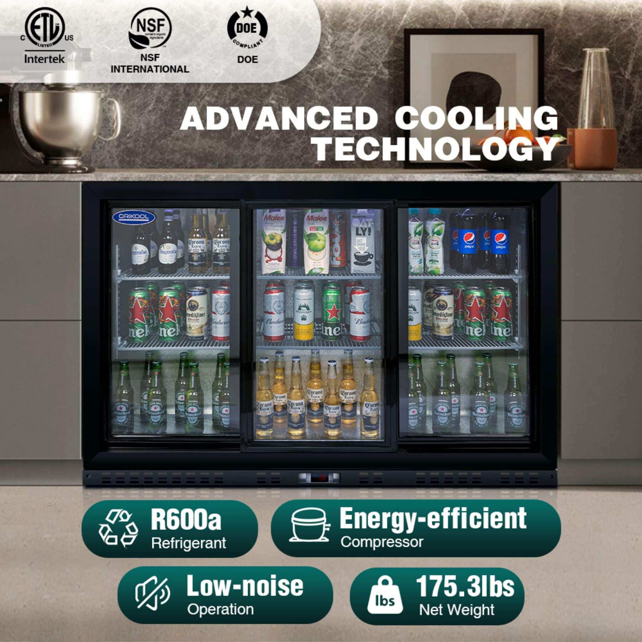 Orikool 53-Inch Energy Efficient Commercial Back Bar Drink Cooler With LED Lighting And 3 Glass Doors (SAK12097)