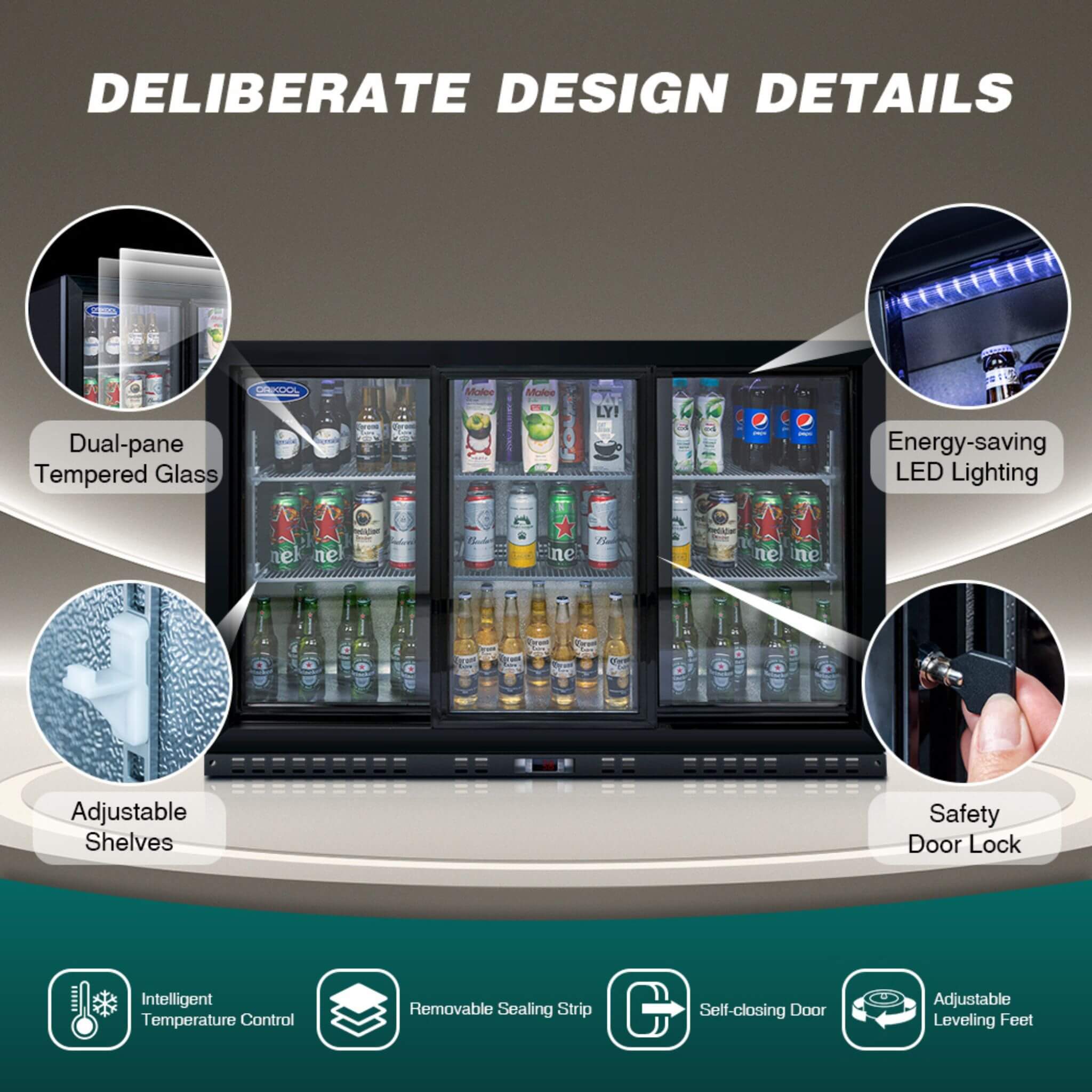 Orikool 53-Inch Energy Efficient Commercial Back Bar Drink Cooler With LED Lighting And 3 Glass Doors (SAK12097)