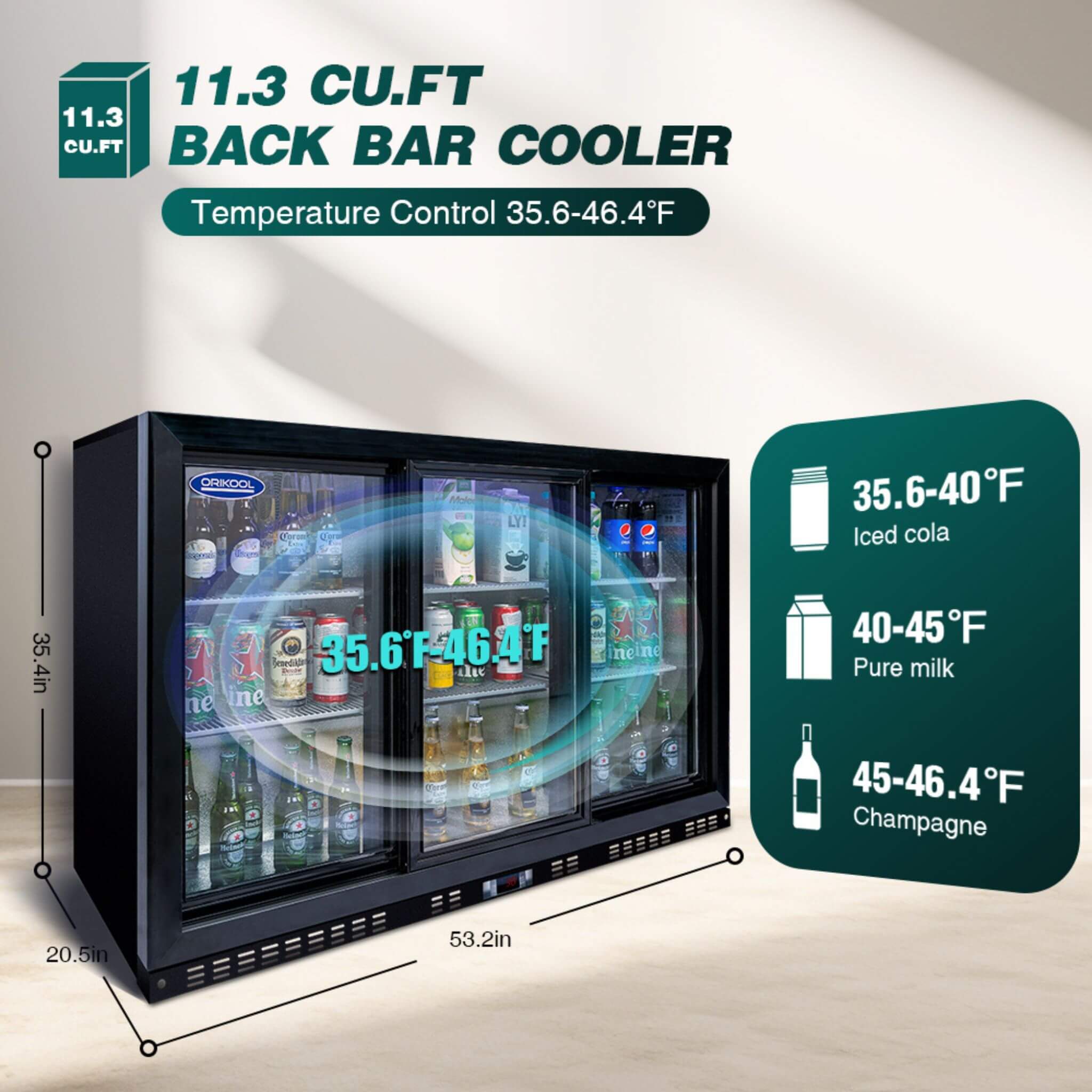 Orikool 53-Inch Energy Efficient Commercial Back Bar Drink Cooler With LED Lighting And 3 Glass Doors (SAK12097)
