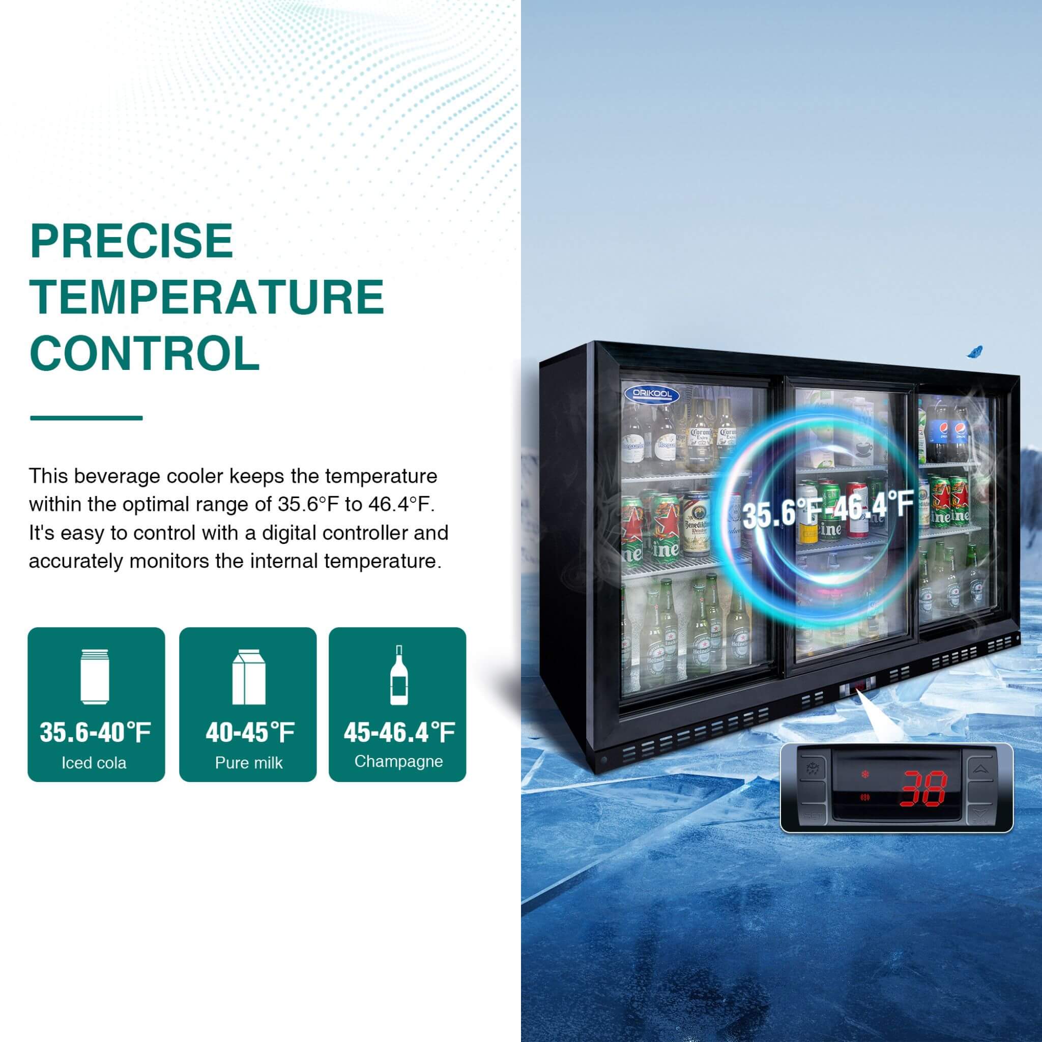 Orikool 53-Inch Energy Efficient Commercial Back Bar Drink Cooler With LED Lighting And 3 Glass Doors (SAK12097)