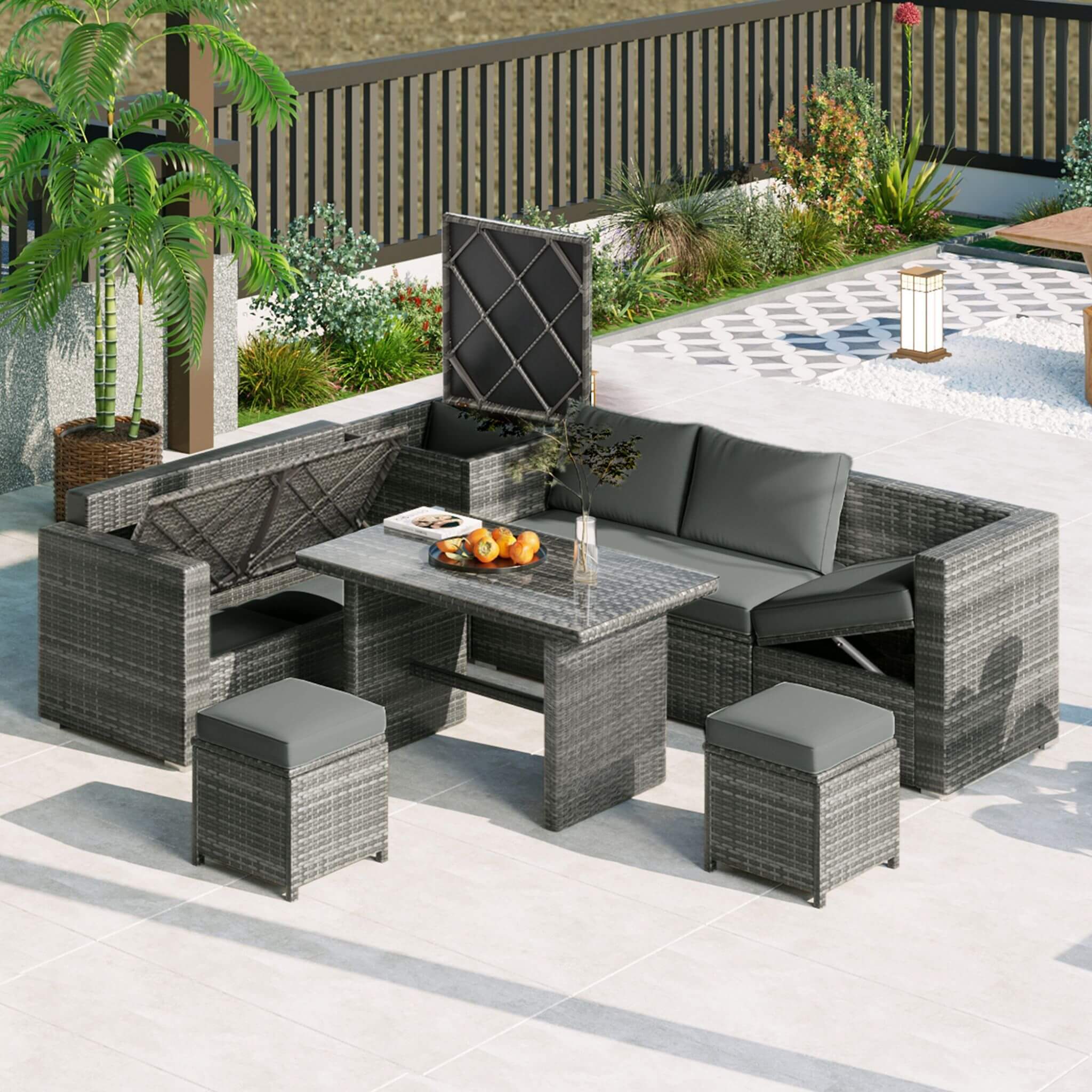 Alora Outdoor 6-Piece All-Weather PE Rattan Sofa Set With Adjustable Seat, Storage Box, Removable Covers, And Tempered Glass Table Top (SAK37221)