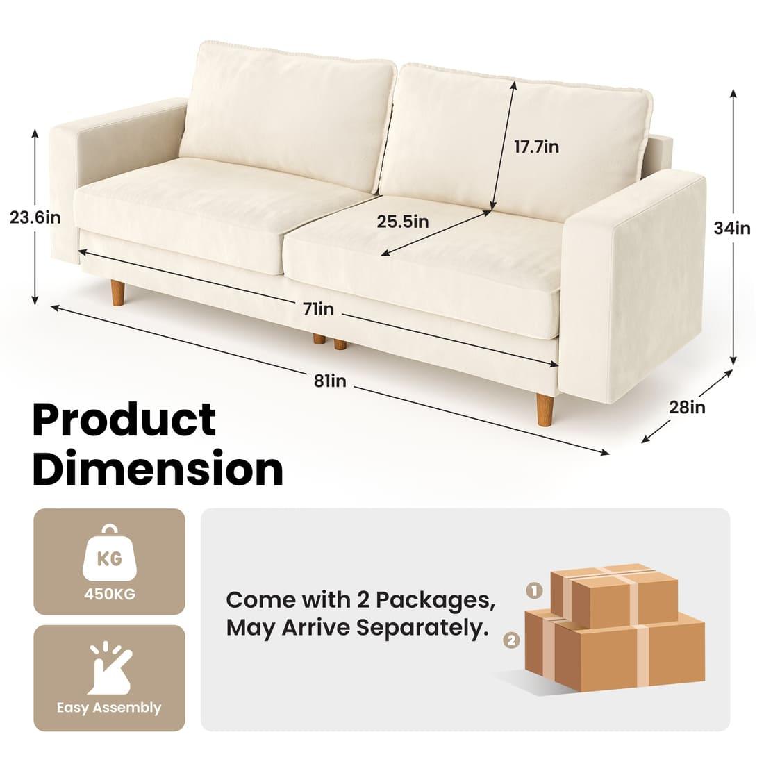 Pamapic 81" Modern Loveseat Sofa with Comfy Dutch Velvet Cushion, Cream
