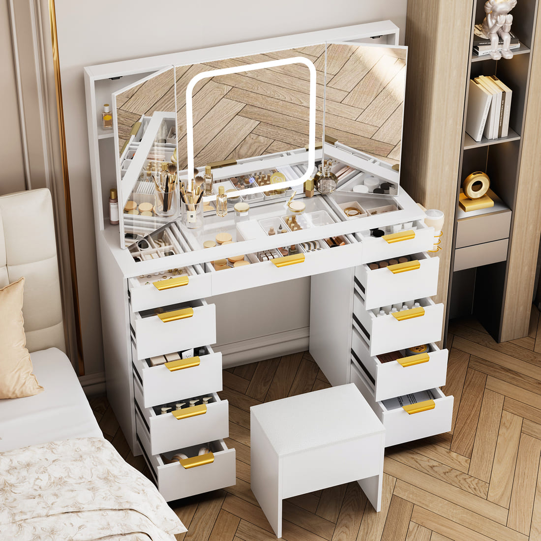 Pamapic 11 Drawers Vanity Desk with Mirror & Glass Top, White