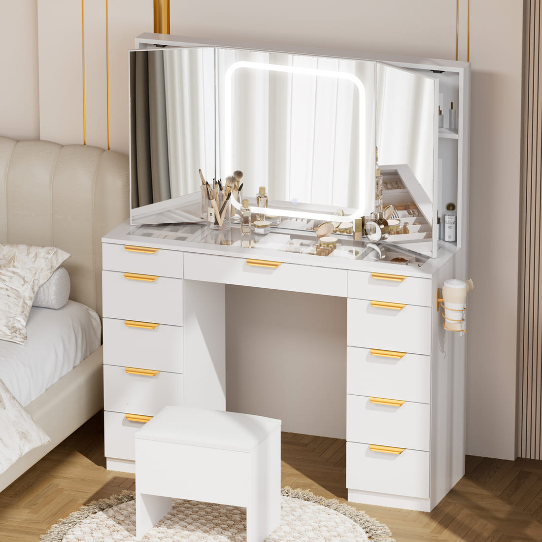 Pamapic Makeup Vanity with Tri-Fold Mirror & 11 Drawers