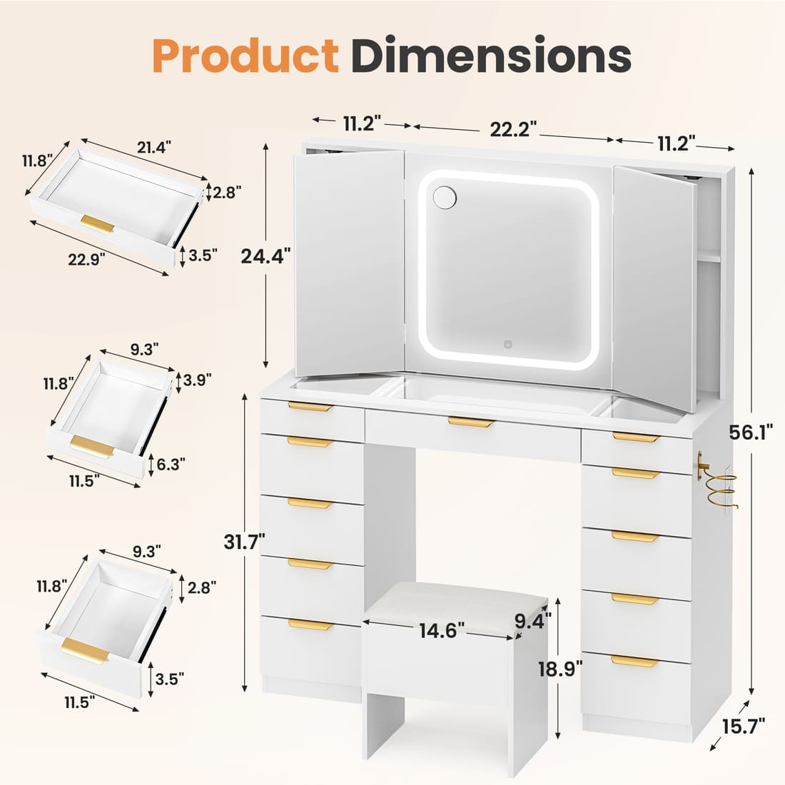 Pamapic Makeup Vanity with Tri-Fold Mirror & 11 Drawers