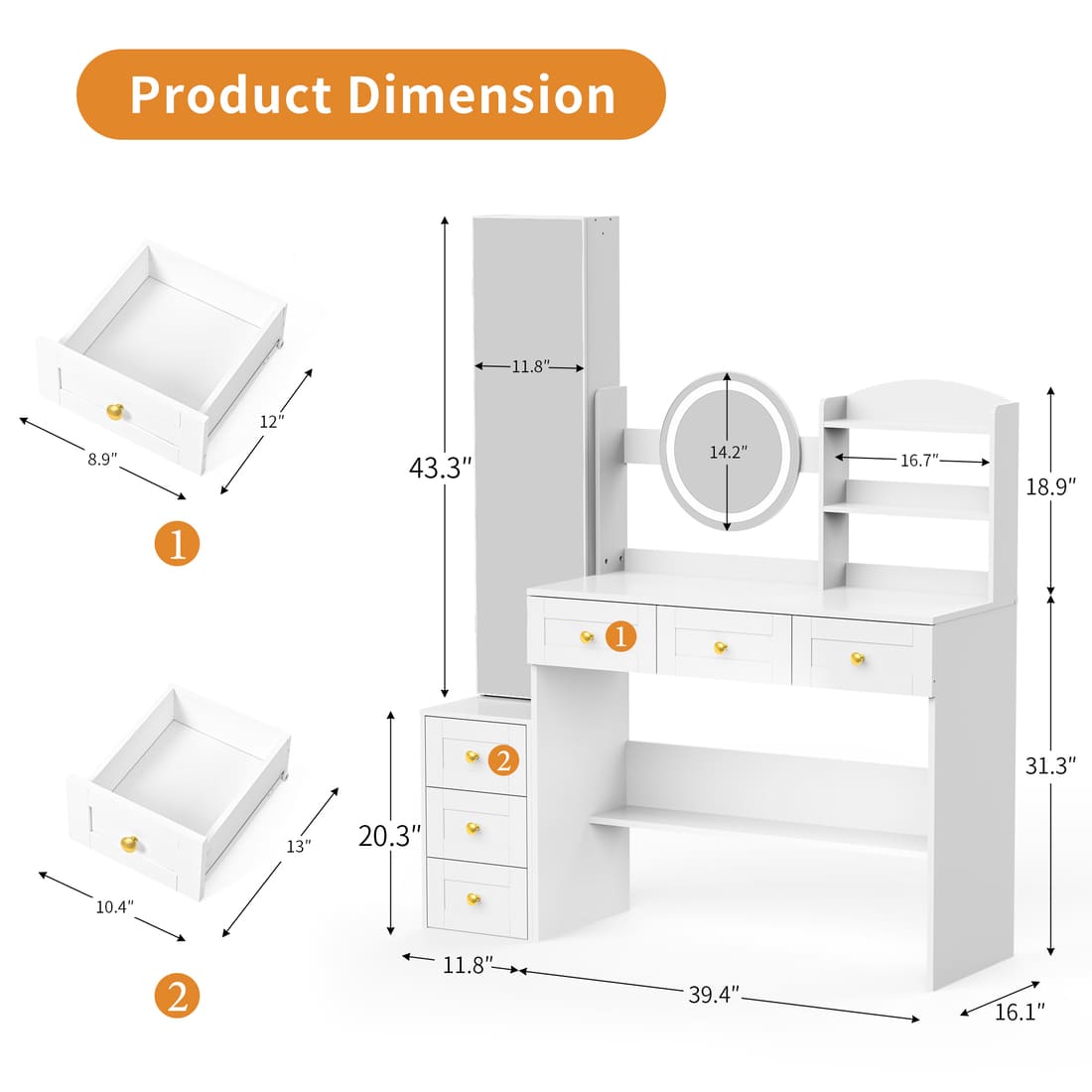 Pamapic Makeup Vanity Desk with Full-Length Mirror, 6 Drawers & LED Lights